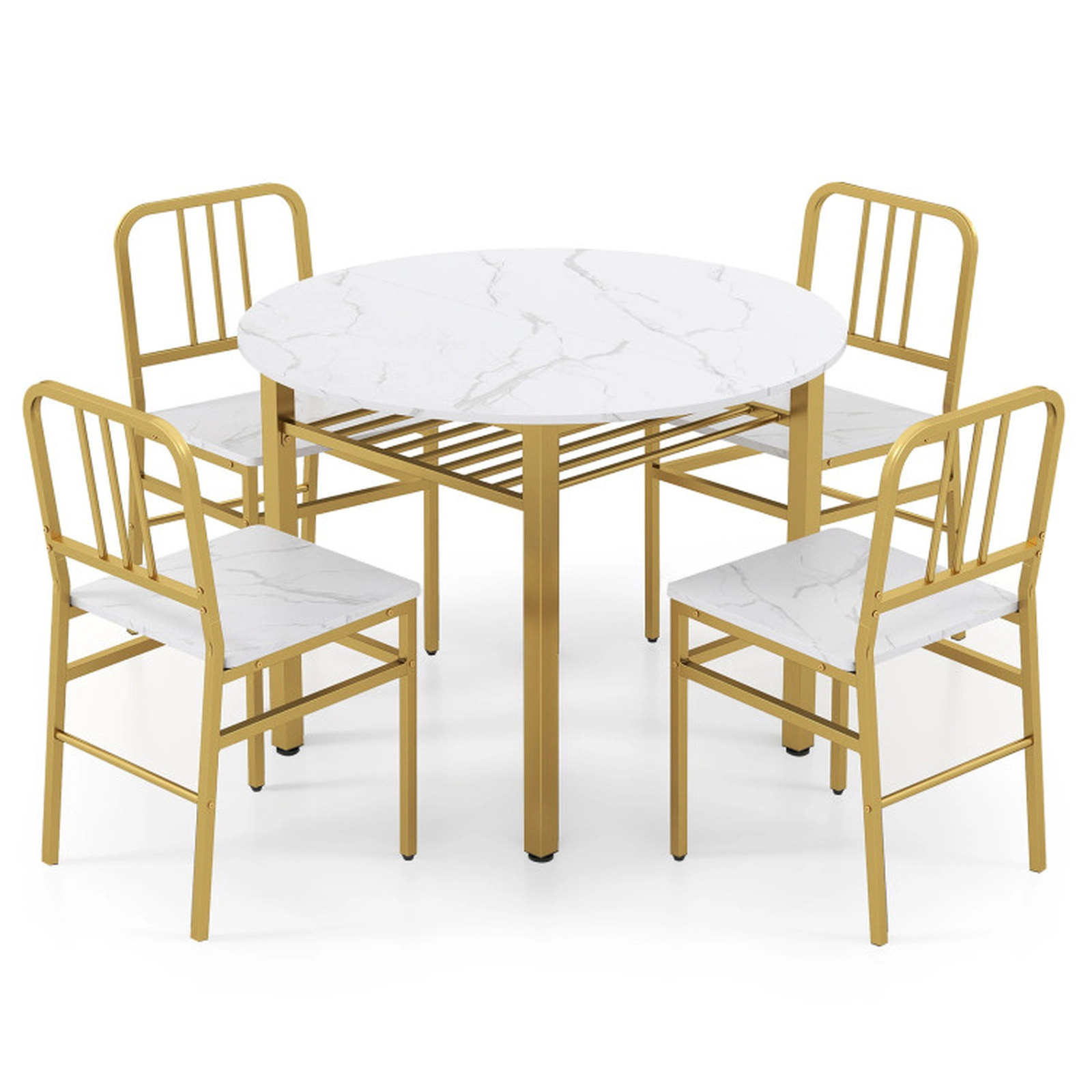 SUGIFT 5-Piece Round Dining Set with Storage Shelf 250-lb Table Capacity 330-lb Chair Capacity White + Gold