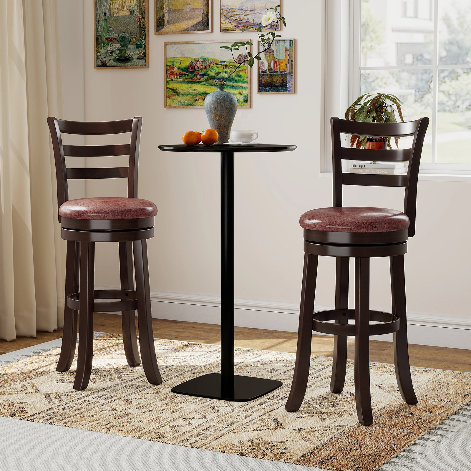 SUGIFT Counter Height 360° Swivel Bar Stools Set of 2 with Faux Leather Seat 400-lb Capacity Cappuccino