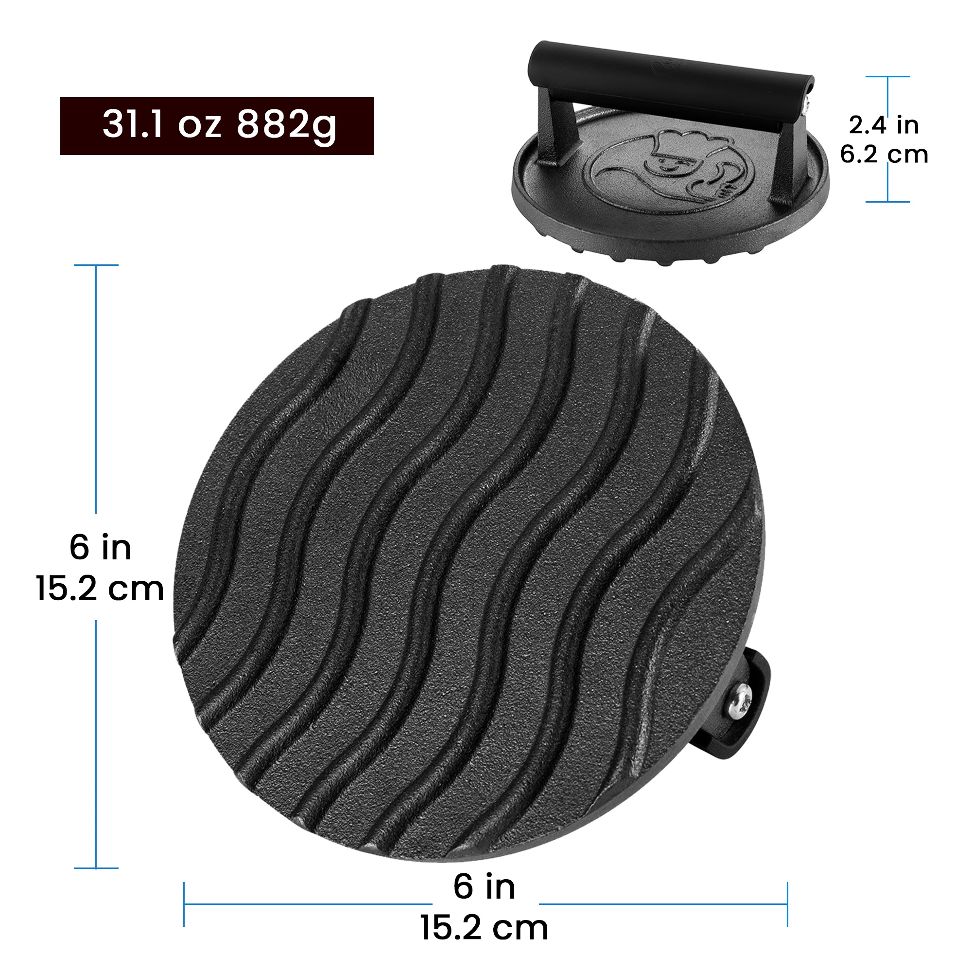 Gourmet Easy Smash Burger Press with Heat Resistant Handle, 2LBS Cast Iron Burger Smasher