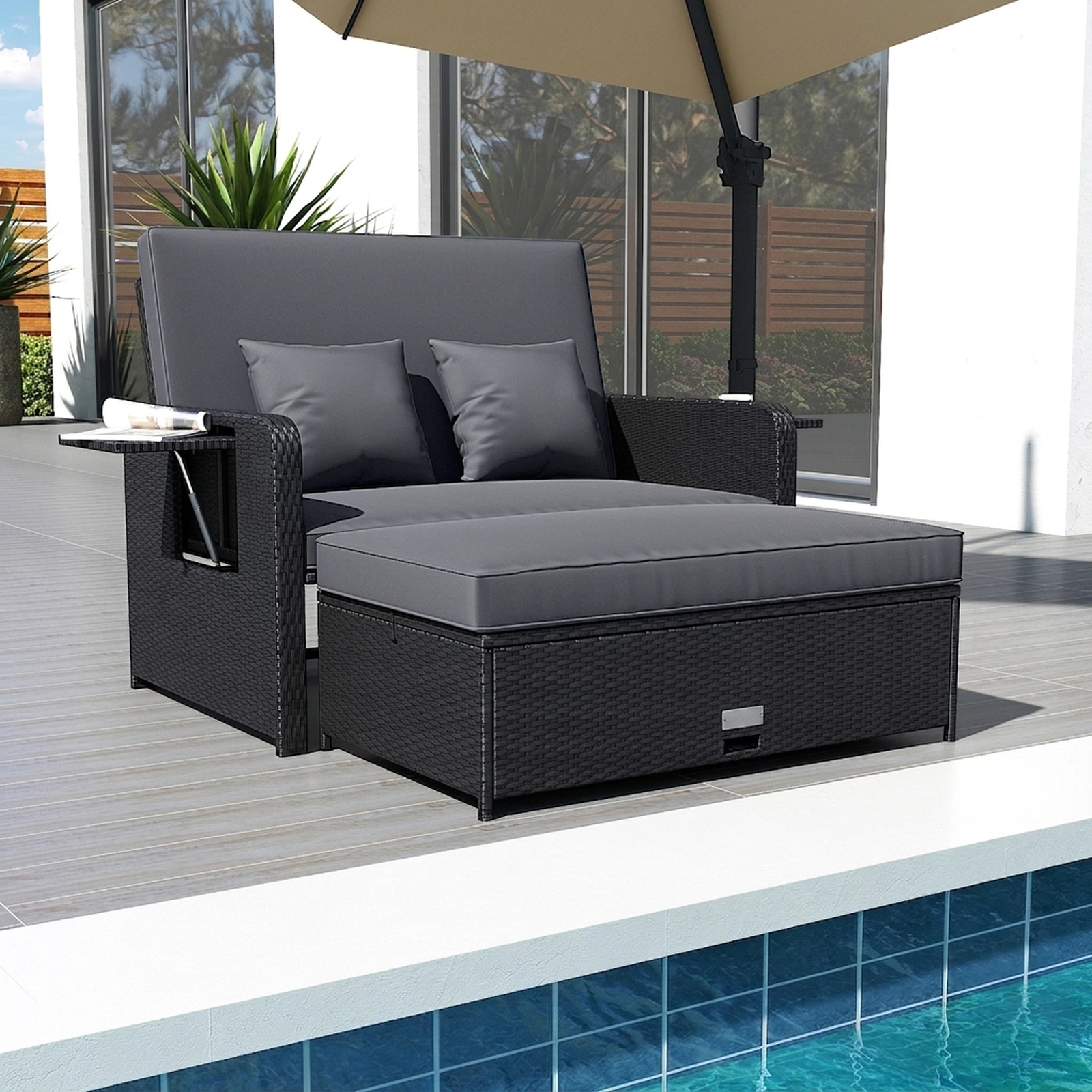SUGIFT Black Wicker Outdoor Patio Daybed Loveseat, 4-Level Adjustable Backrest, 2 Side Tables