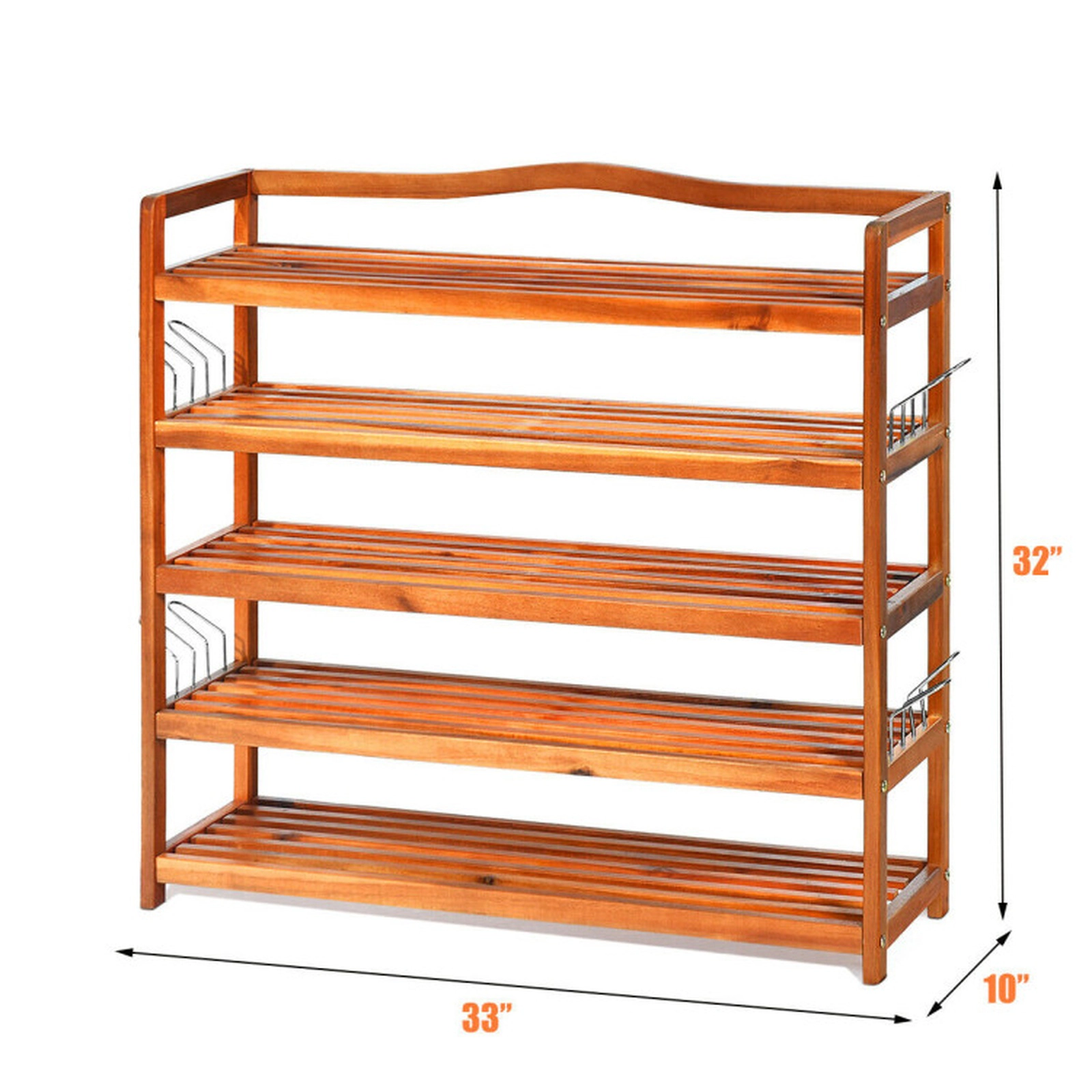 SUGIFT 5-Tier Large Shoe Rack with Removable Shelves and Metal Hooks 180-lb Capacity per Layer Wood Color