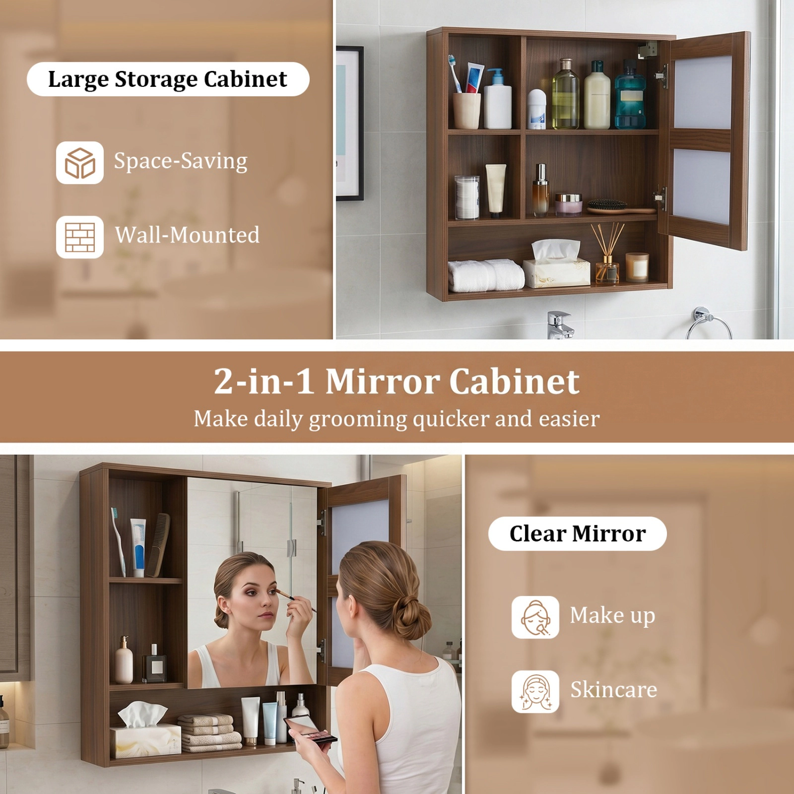 SUGIFT Walnut 22-lb Countertop Capacity Wall Mounted Mirror Cabinet with 2 Hidden Shelves and 3 Open Compartments