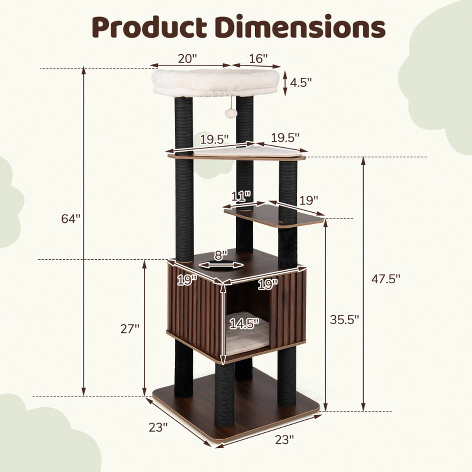 SUGIFT 64 in Wooden Cat Tower Brown 6-Level Cat Tree with Padded Top Perch and Condo