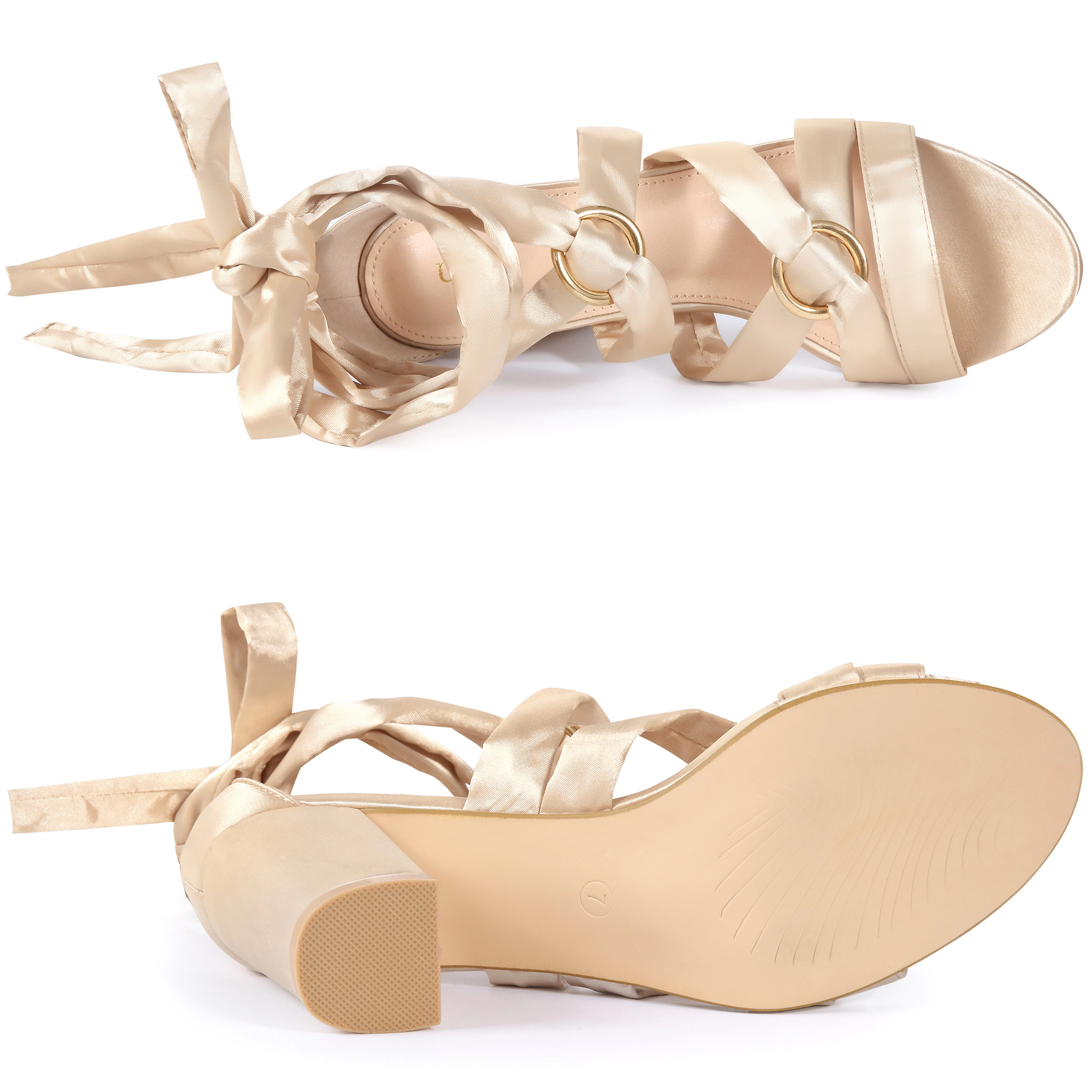 BLISSFUL STEP Women's Satin Decorative Circle Strappy Lace Up Chunky Heel Sandals