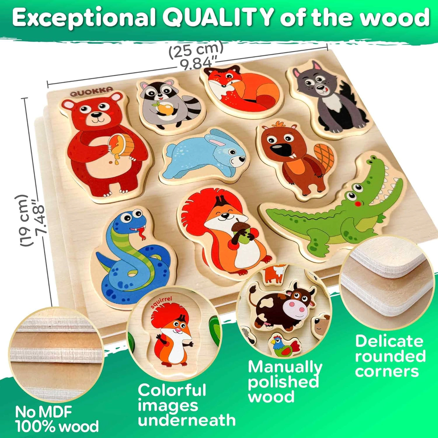 QUOKKA Wooden Chunky Puzzle Set for Toddlers Ages 1–4, Animal, Alphabet, Number, Fruit, Shape Puzzles