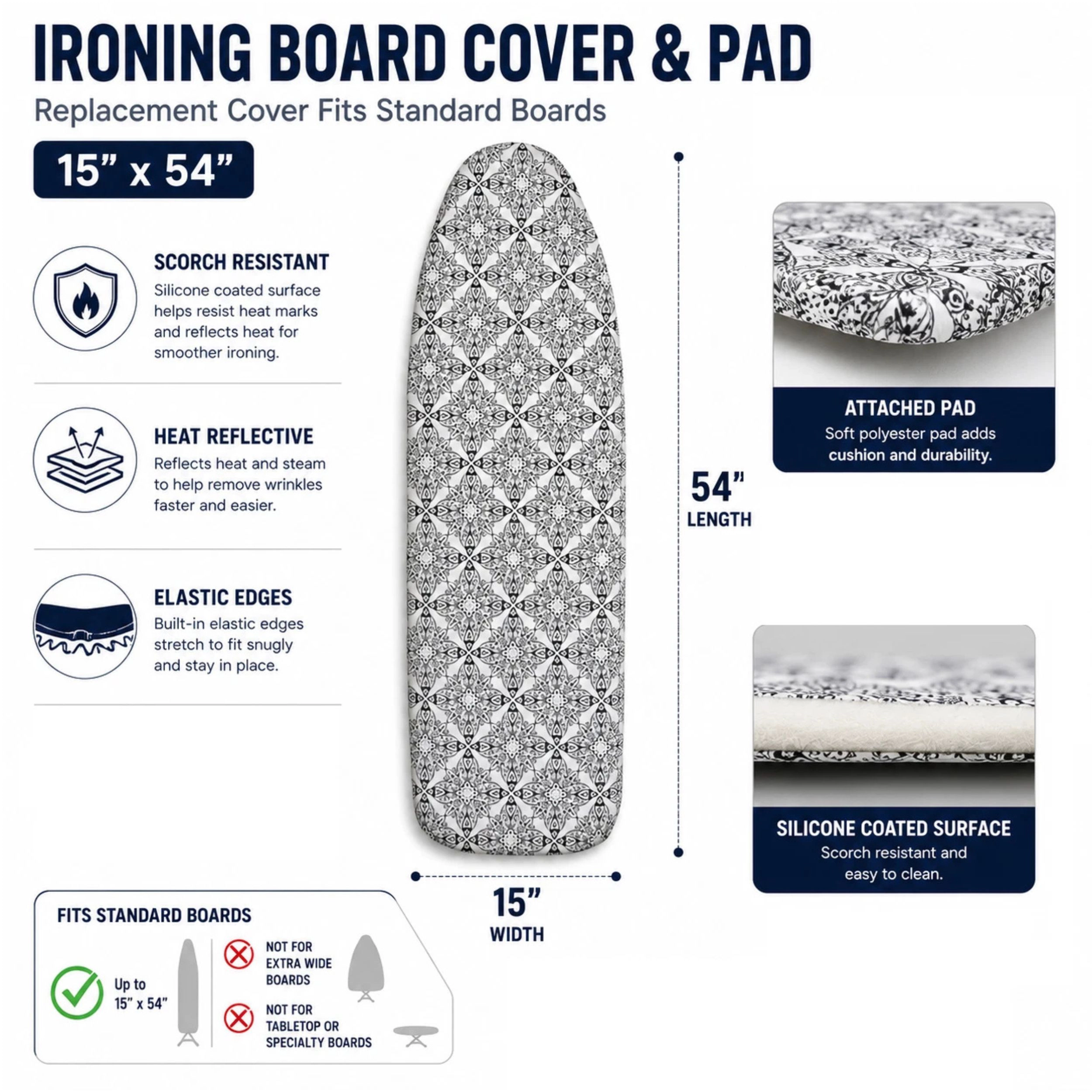 Home Collection Ironing Board Cover & Pad 15" x 54" with Elastic Edges