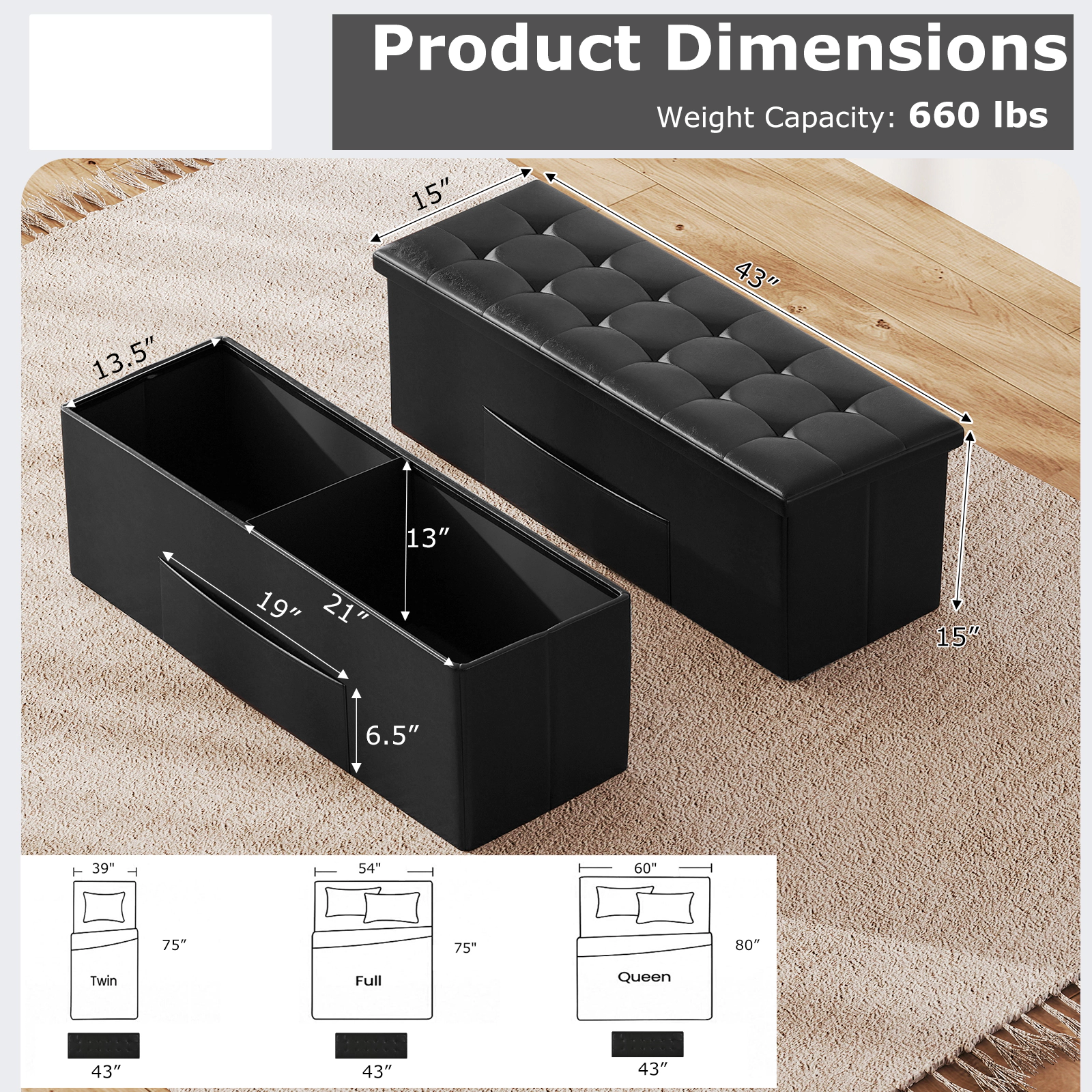 Hivvago Folding Storage Ottoman Bench with Footrest