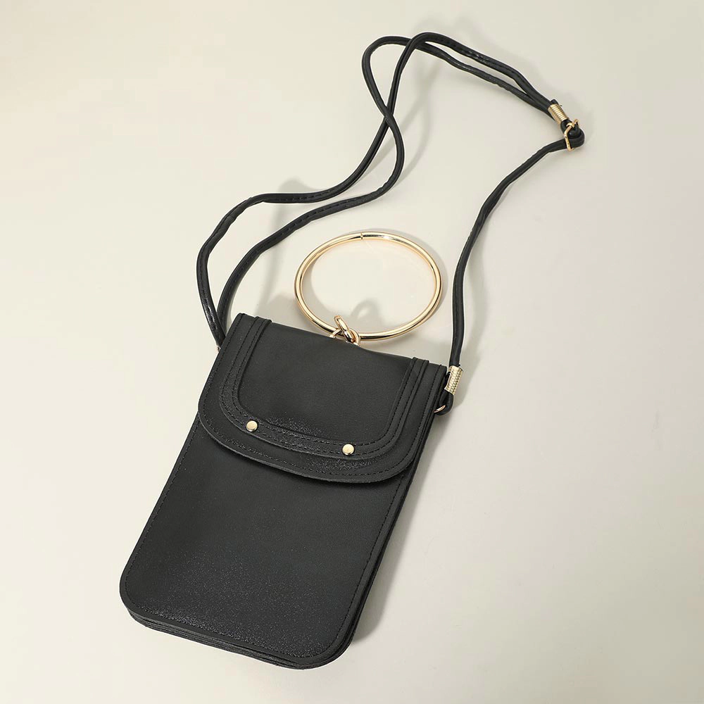 FASHNZFAB Metal Ring Handle Faux Leather Mini Phone Pouch Clutch Bag / Crossbody Bag