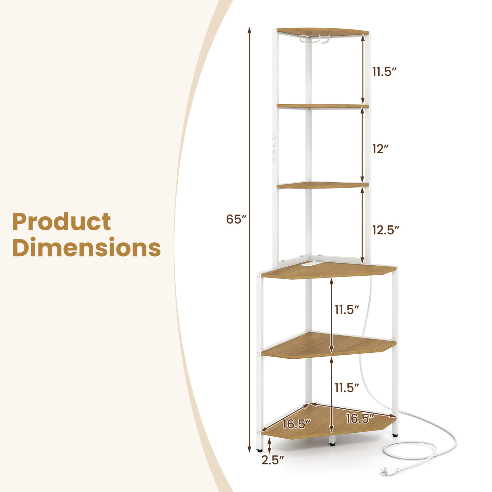 SUGIFT 6-Tier Natural 65-in Tall Corner Bookshelf with Charging Station LED Light and Stemware Rack