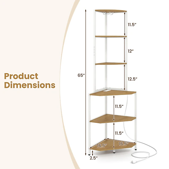 SUGIFT 6-Tier Natural 65-in Tall Corner Bookshelf with Charging Station LED Light and Stemware Rack