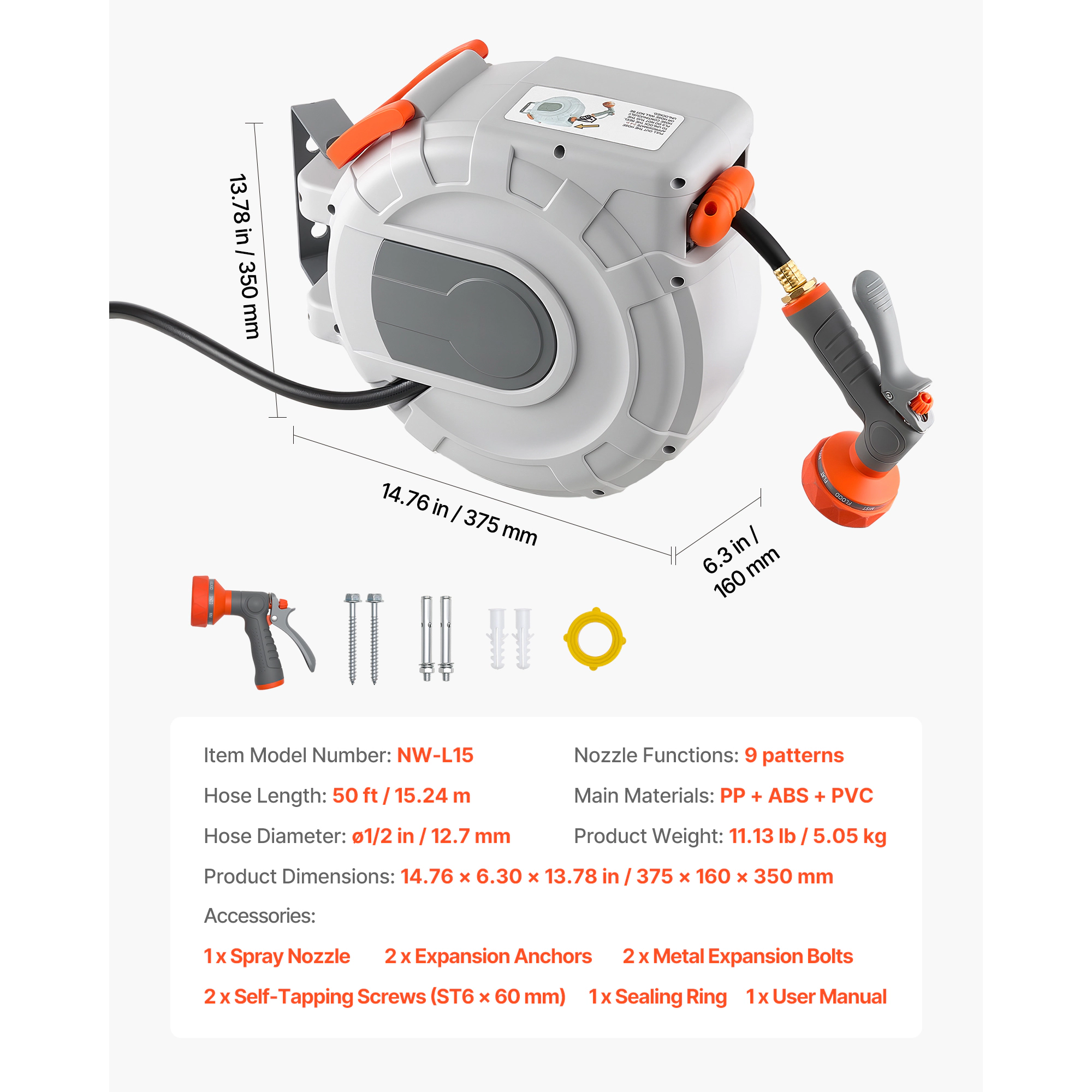 HONGGE Retractable Garden Hose Reel, 50 ft x 1/2 in, Wall Mounted with 9-Pattern Nozzle and Slow Auto Rewind