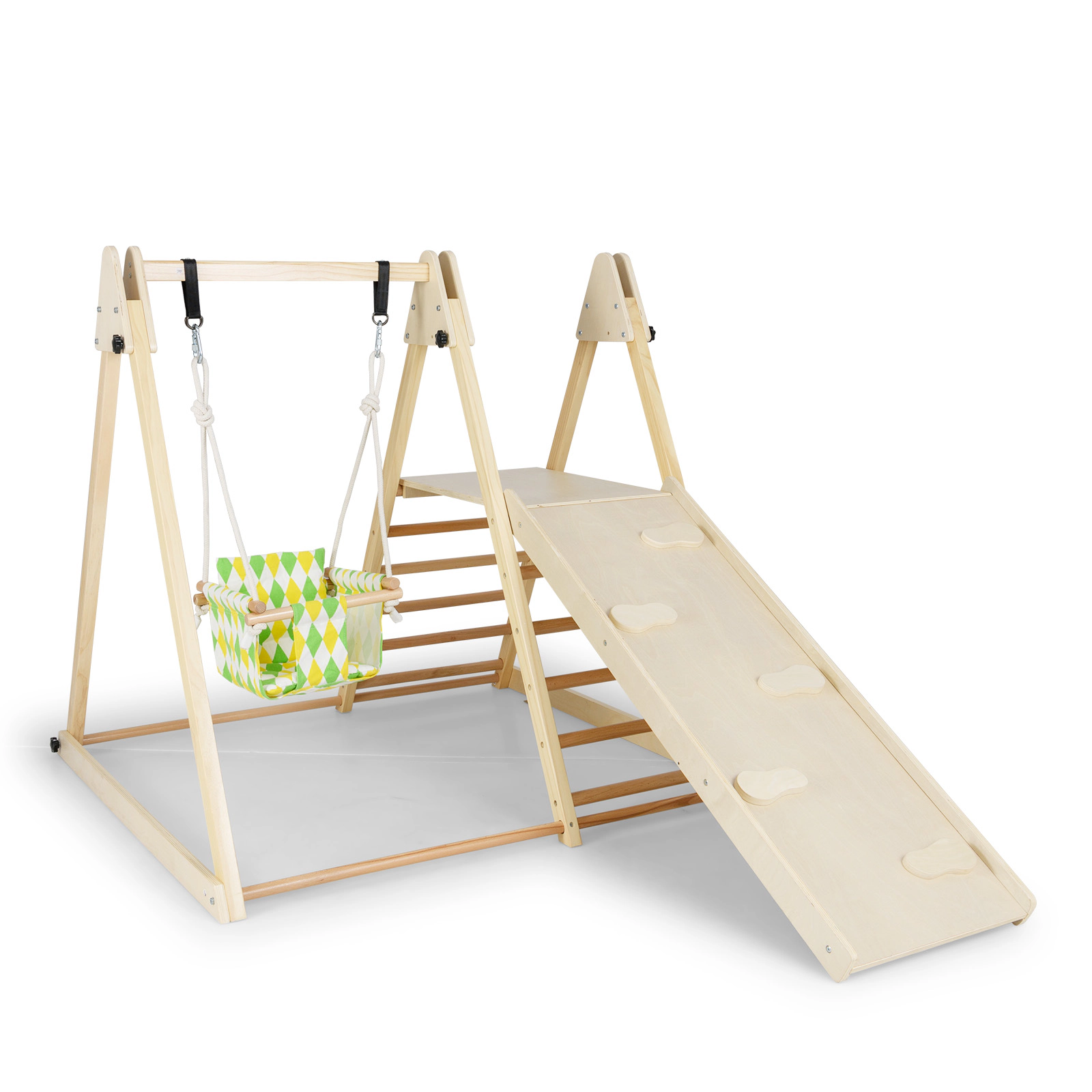 SUGIFT 4-in-1 Wooden Indoor Jungle Gym with Baby Swing and Climbing Ramp 330-lb Capacity Ages 1+ Multicolor/Natural