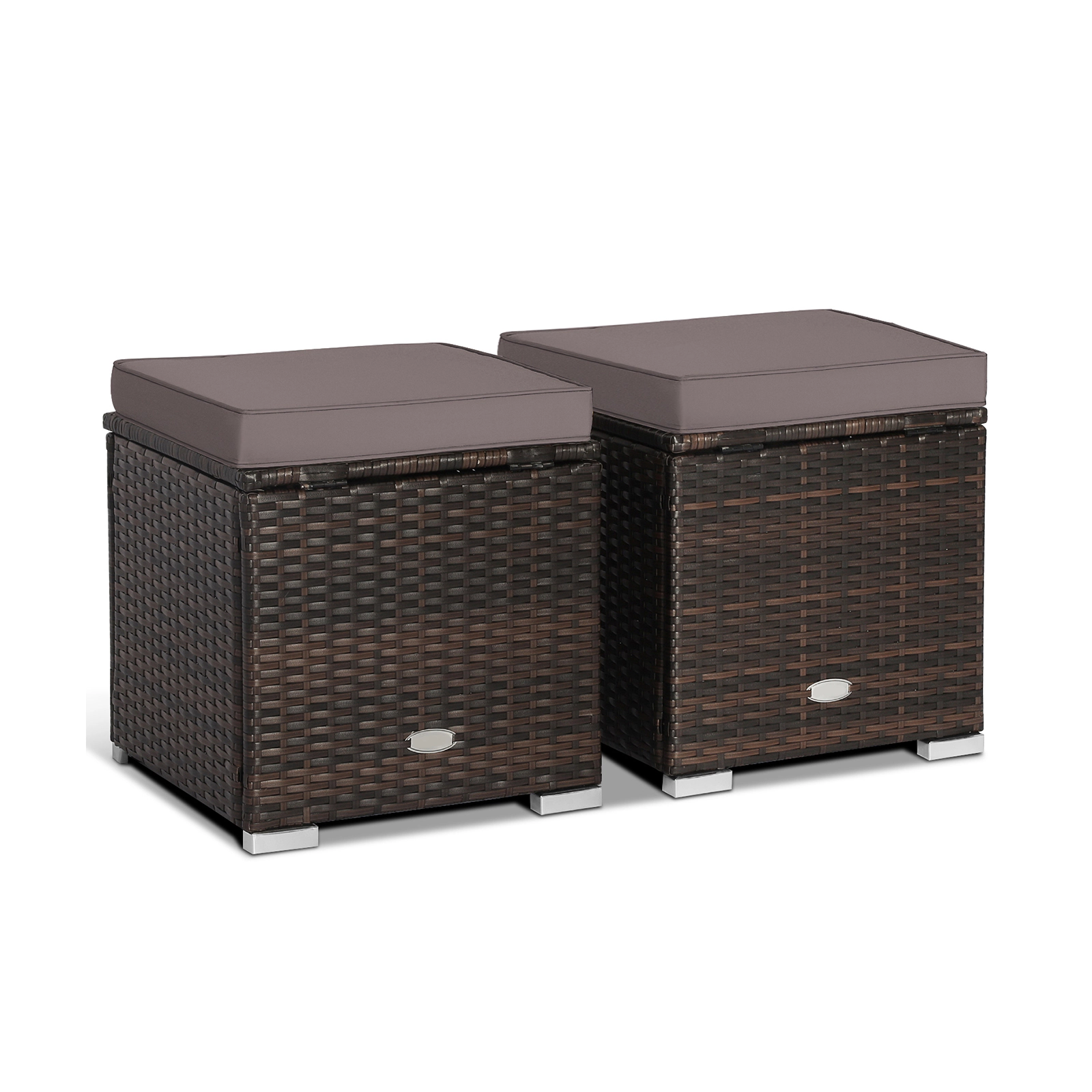 SUGIFT Set of 2 Brown 16-Inch Outdoor Wicker Storage Ottomans with Removable Cushions