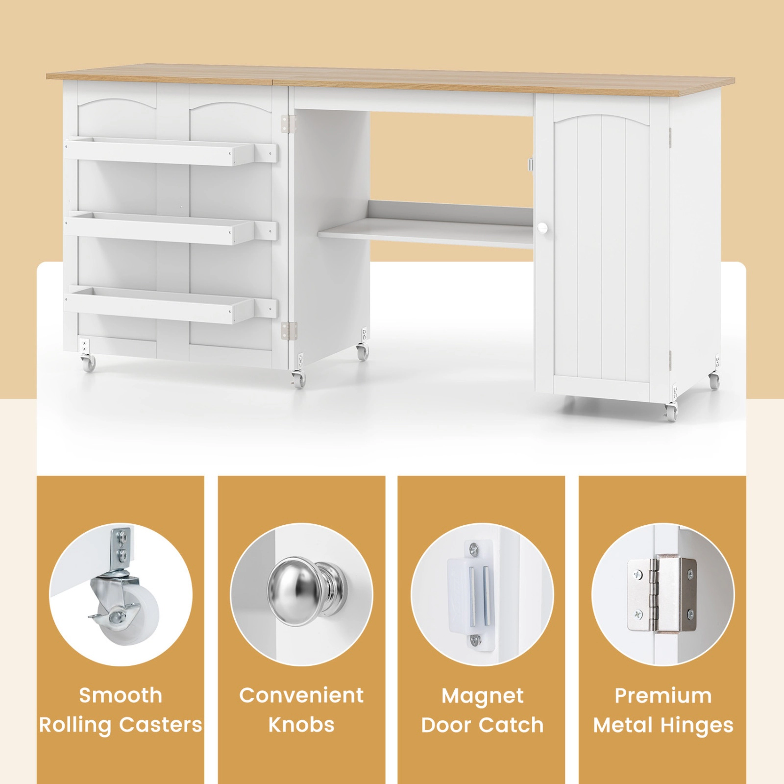 SUGIFT Folding Large Sewing Table Desk with Storage Shelves and Lockable Casters White Natural