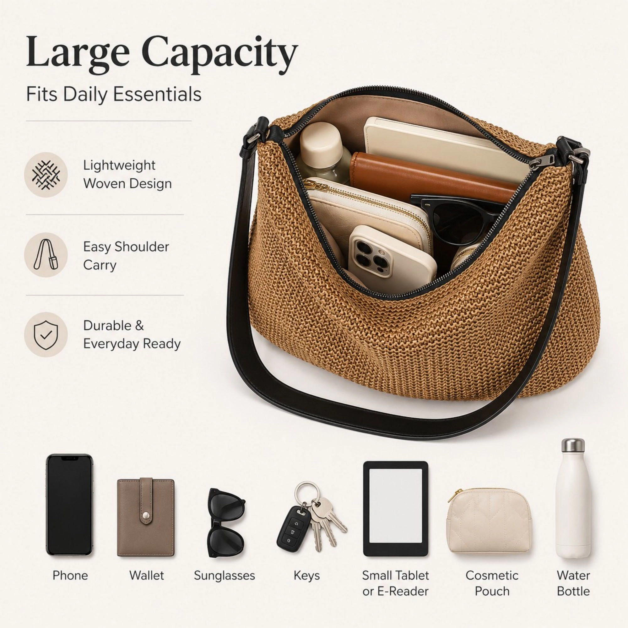 Alilang Women's Woven Hobo Shoulder Bag with Zip Top and Large Capacity