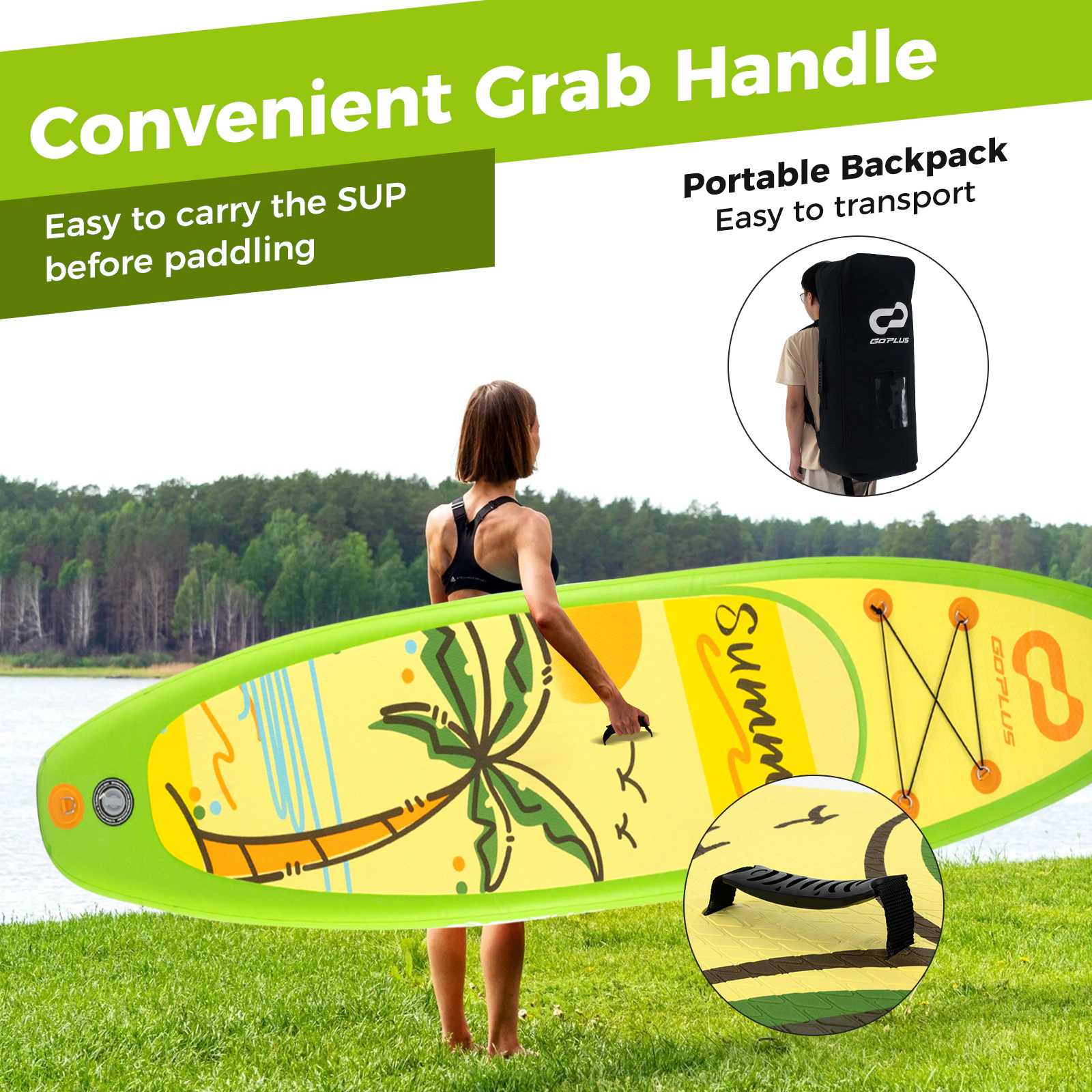 SUGIFT 10-ft 300-lb Capacity 500D PVC Inflatable Stand Up Paddle Board with 3 Fins Telescoping Paddle and Backpack