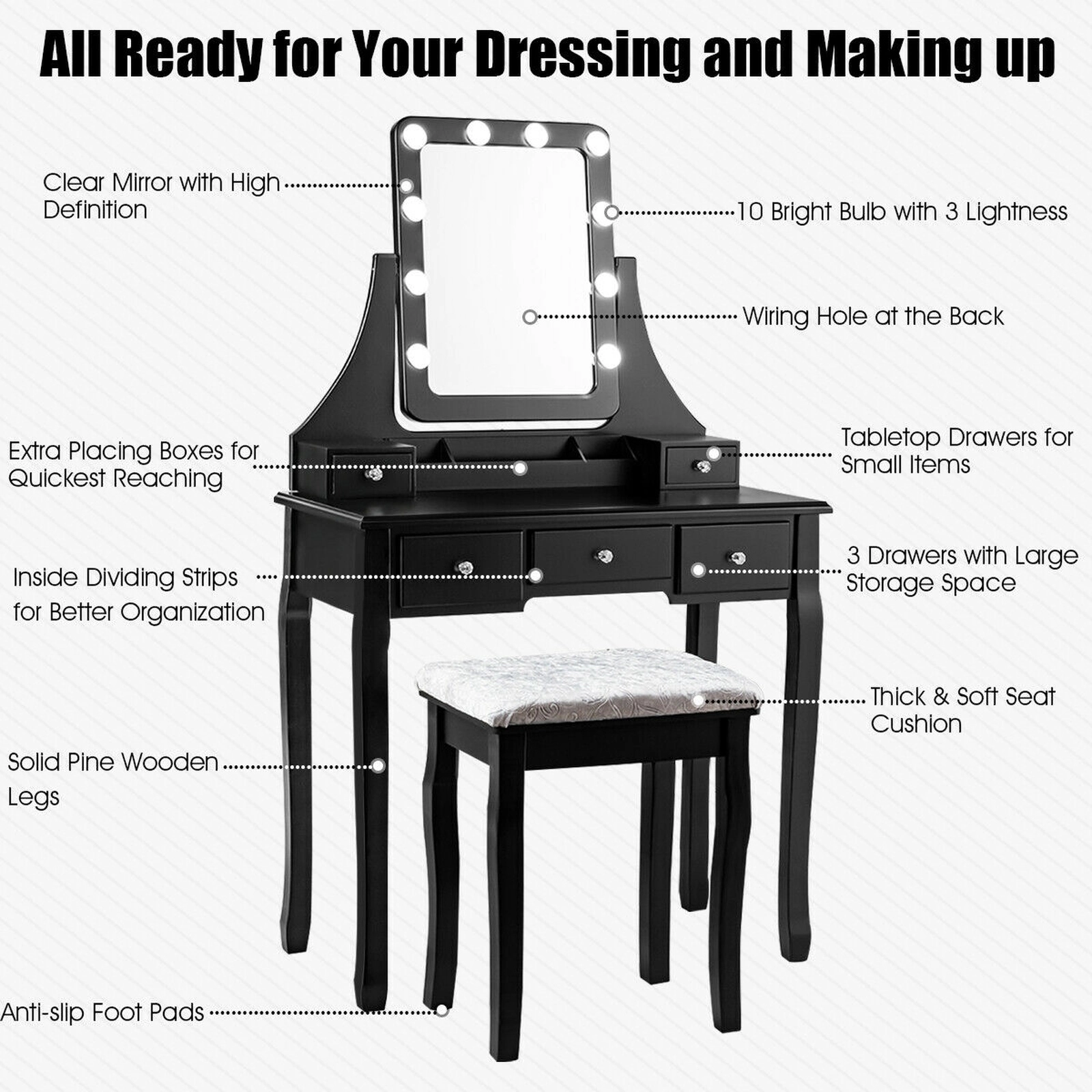 SUGIFT 10 Dimmable Bulbs 5 Drawers and Cushioned Stool Vanity Dressing Table Set