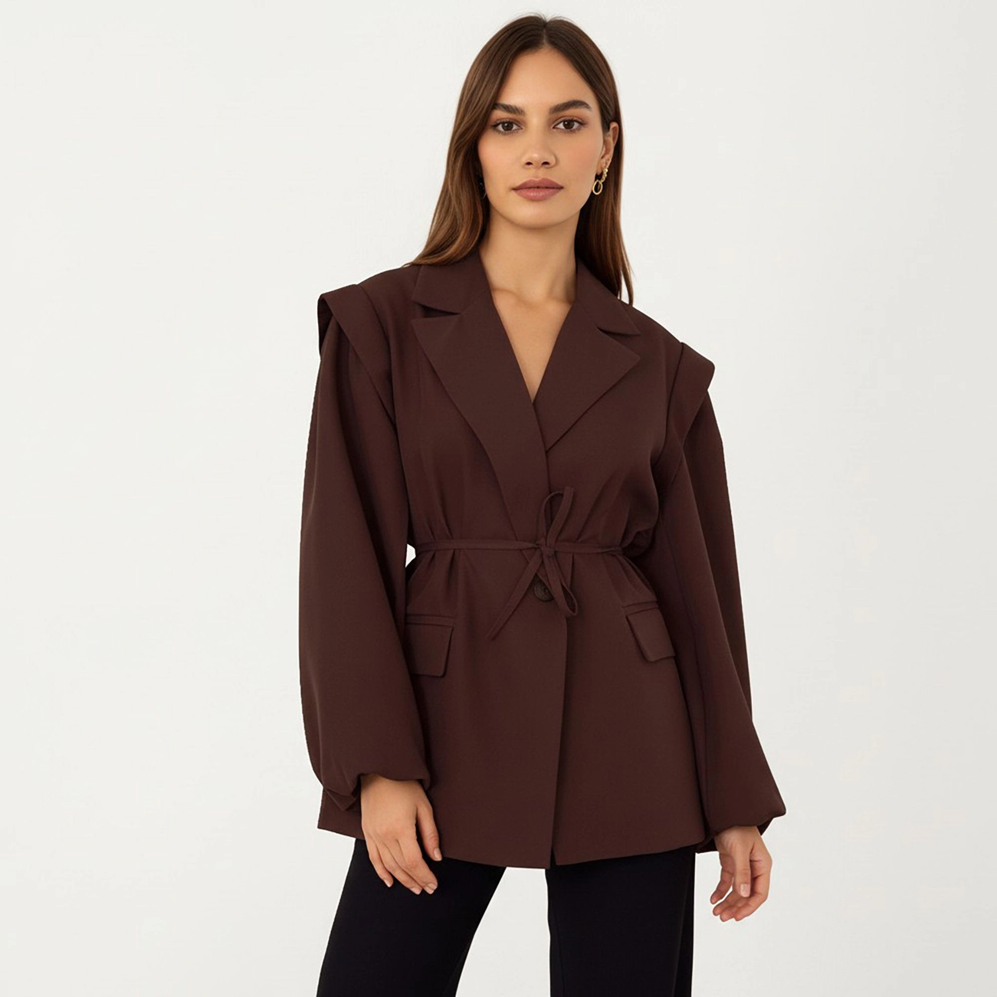 Anna-Kaci Women's Long Sleeve Tailored Blazer with Tie Waist and Structured Lapel