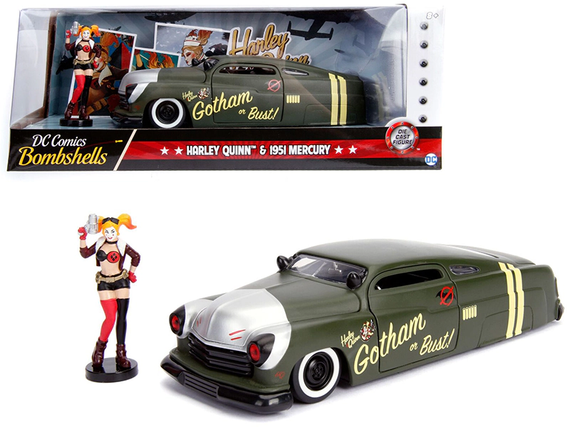 Jada 1951 Mercury Matt Green with Harley Quinn Diecast Figurine "DC Comics Bombshells" Series 1/24 Diecast