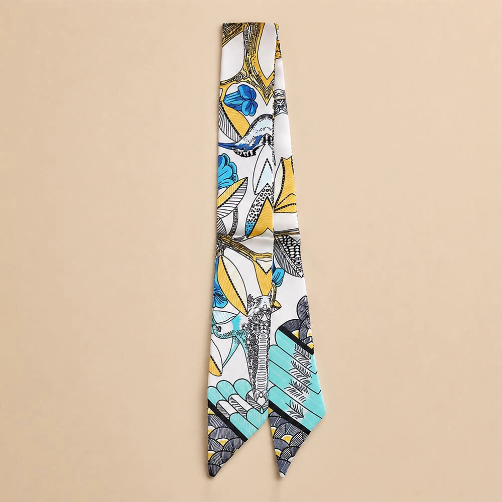 TRUEDAMES Abstract Bird Motif Print Skinny Twilly Scarf Ivory