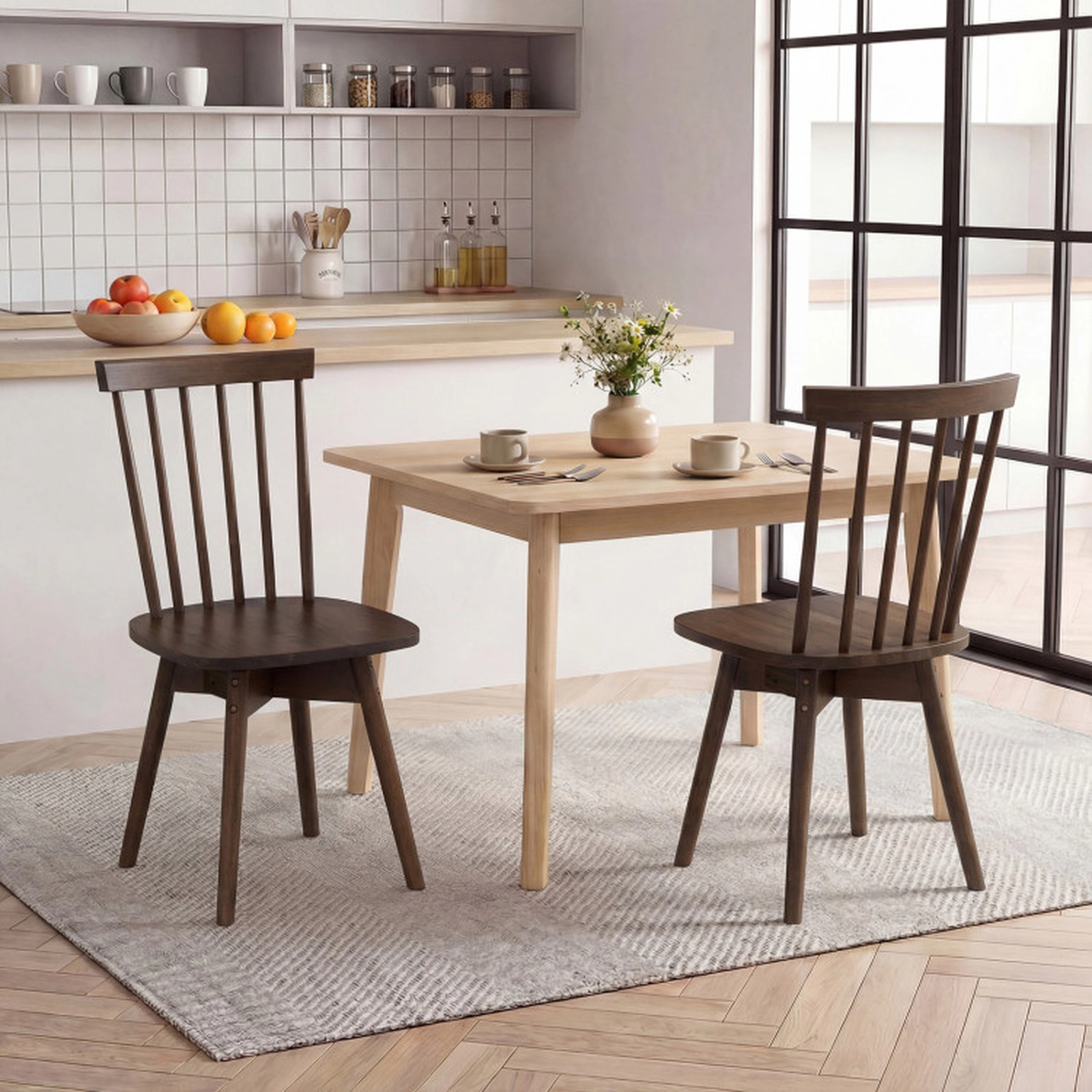 SUGIFT Wide Swivel Seat Rubber Wood Windsor Dining Chairs Set of 2 330-lb Capacity 35-in Tall Natural/Walnut