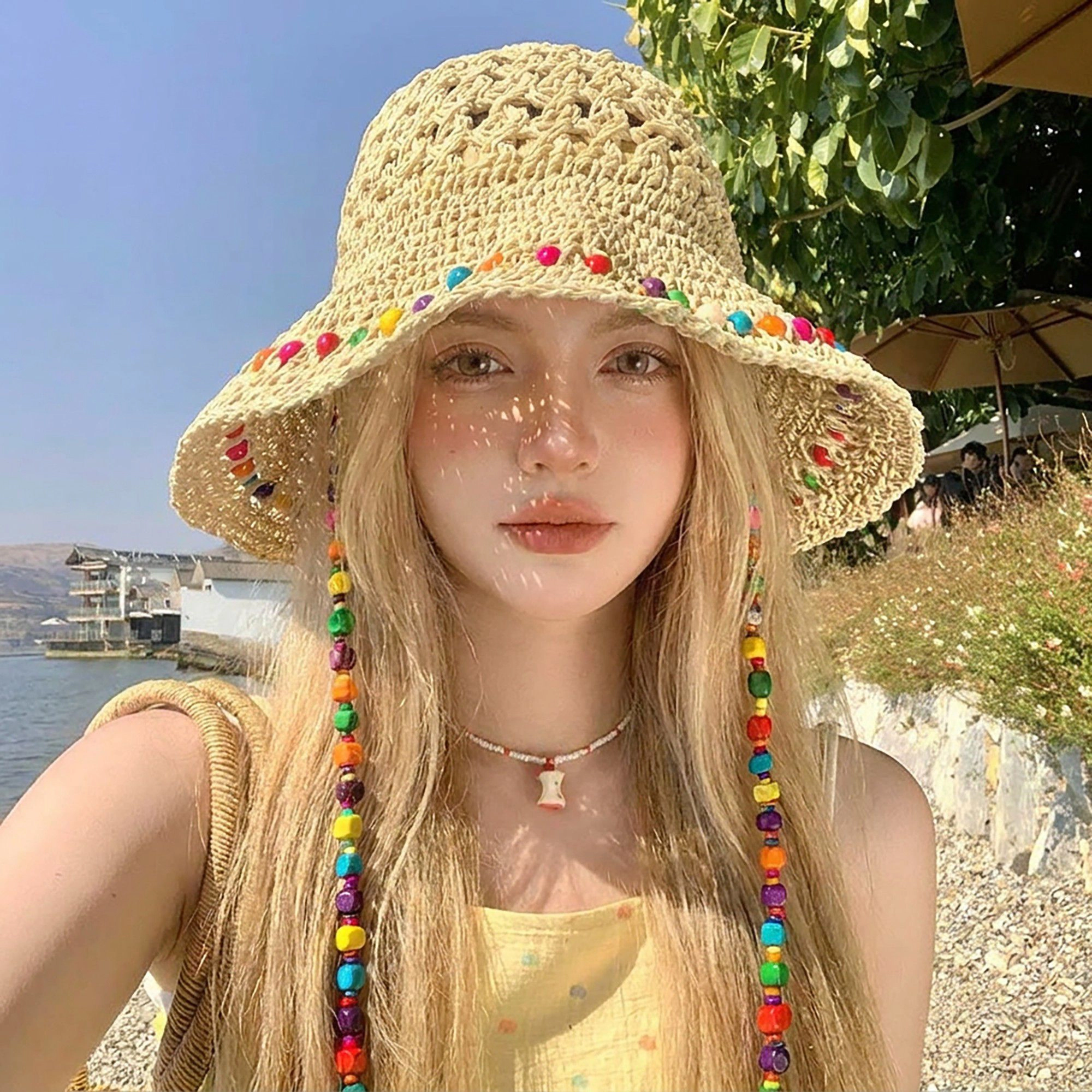 Anna-Kaci Women's Crochet Bucket Sun Hat with Beaded Chin Strap and Open Weave Brim