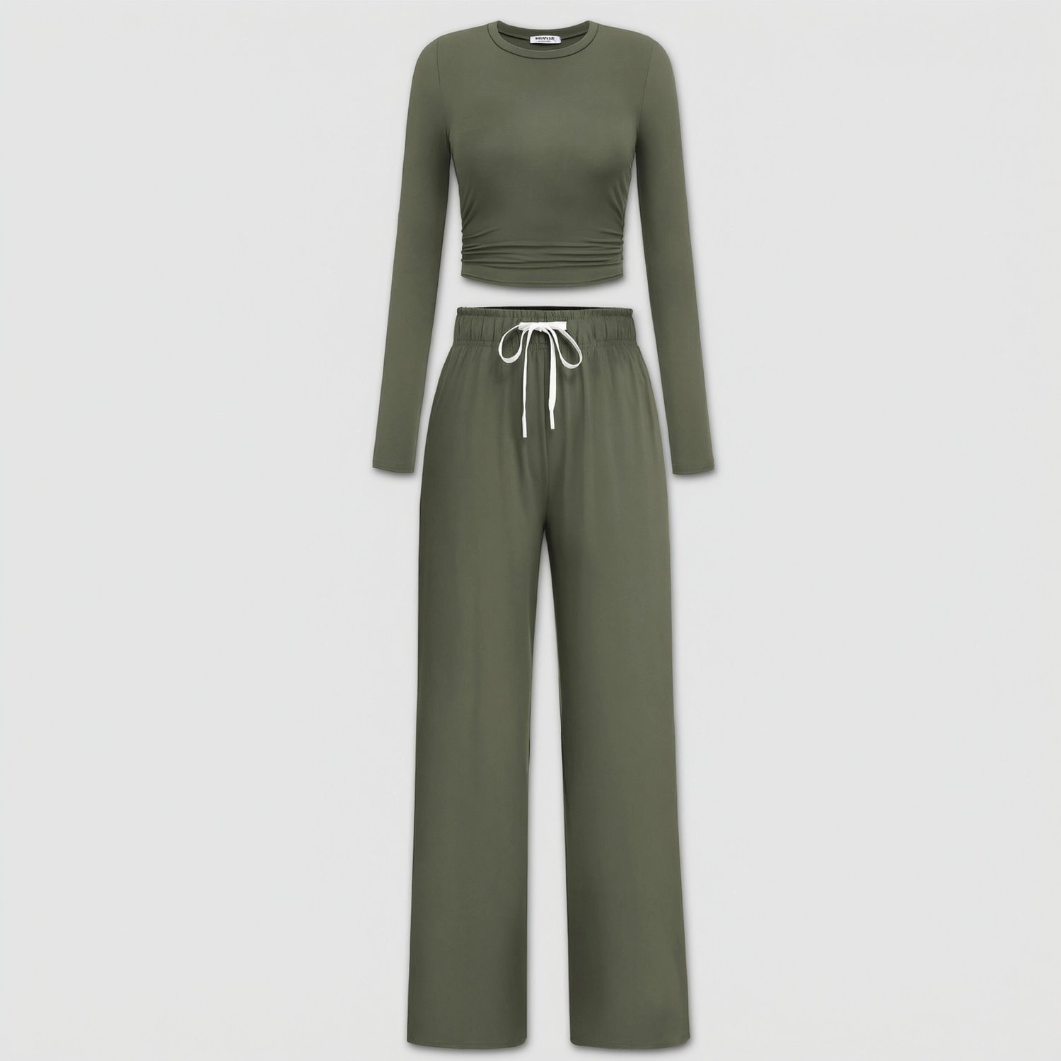 Pinspark Womens Casual Long Sleeve Crop Top Ruched Hem Drawstring Wide Leg Pants Set