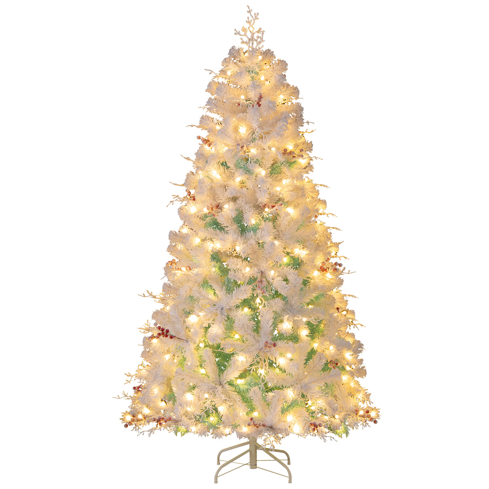 SlickBlue Snow Flocked Christmas Tree with Red Berries & LED Lights