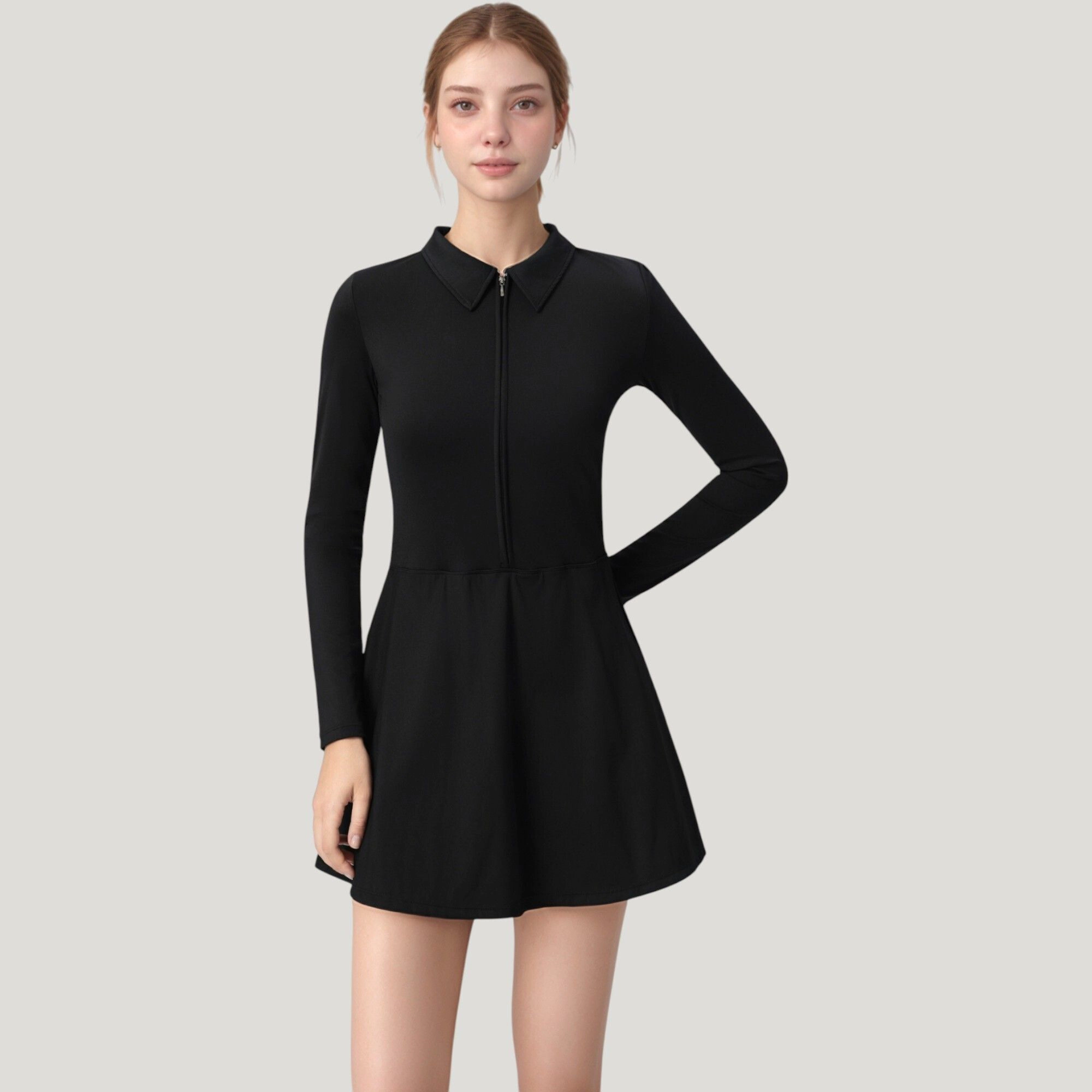 Anna-Kaci Women's Active Dress with Zip Front Closure and Pointed Collar
