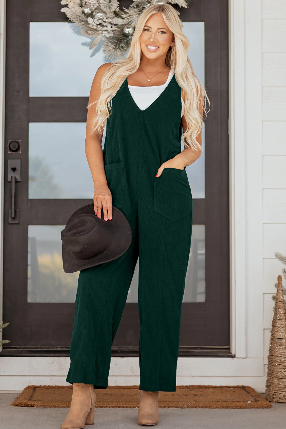 Threaded Pear Women's Elle Corduroy Patched Sleeveless Jumpsuit