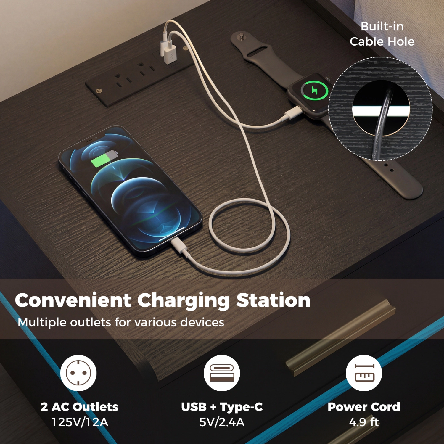 Hivvago LED Bedside Table with Charging Station and 2 Storage Drawers