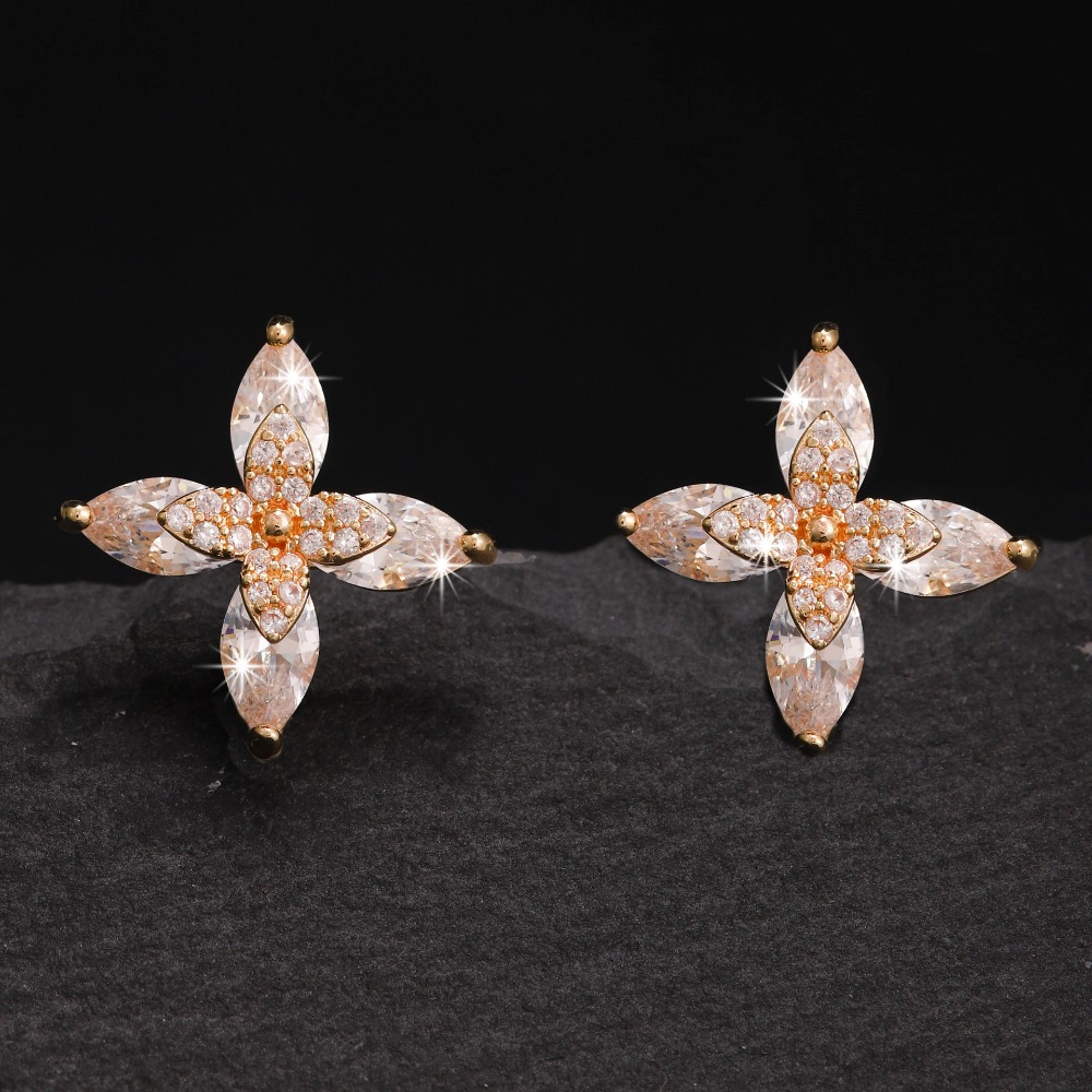 Four Leaf Marquise Cubic Zirconia Flower Stud Earring