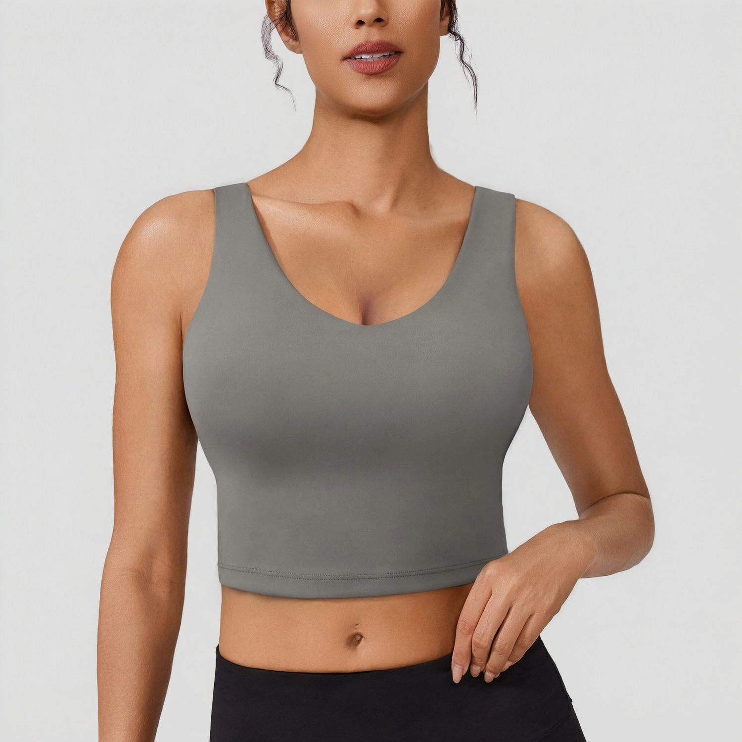 Pinspark Womens Solid Purple Crop Top V Neck Sleeveless Wide Strap Casual Tank Tops