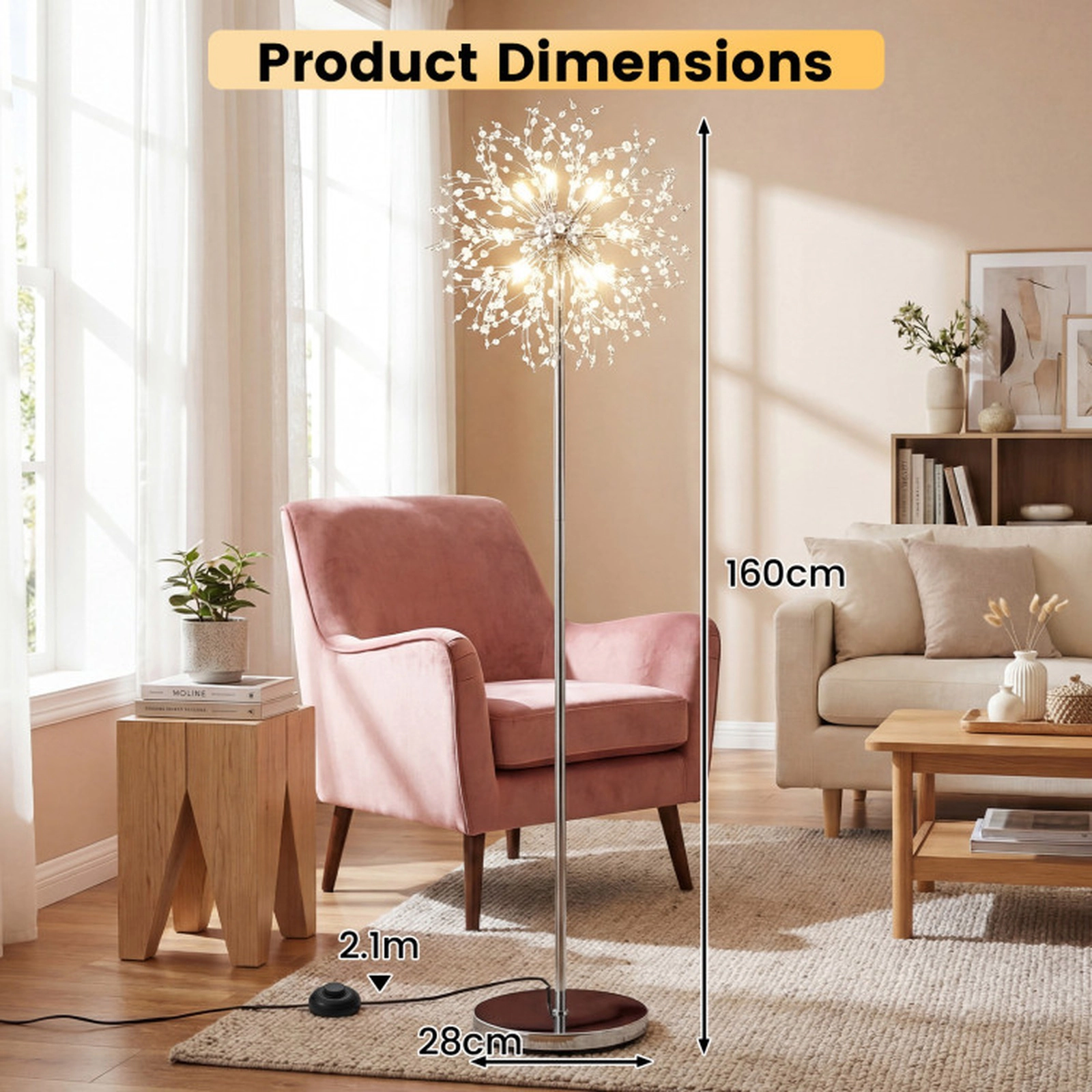 SUGIFT 63-in Dandelion Acrylic Crystal Floor Lamp with Foot Switch Weighted Base and 6.9-ft Cord