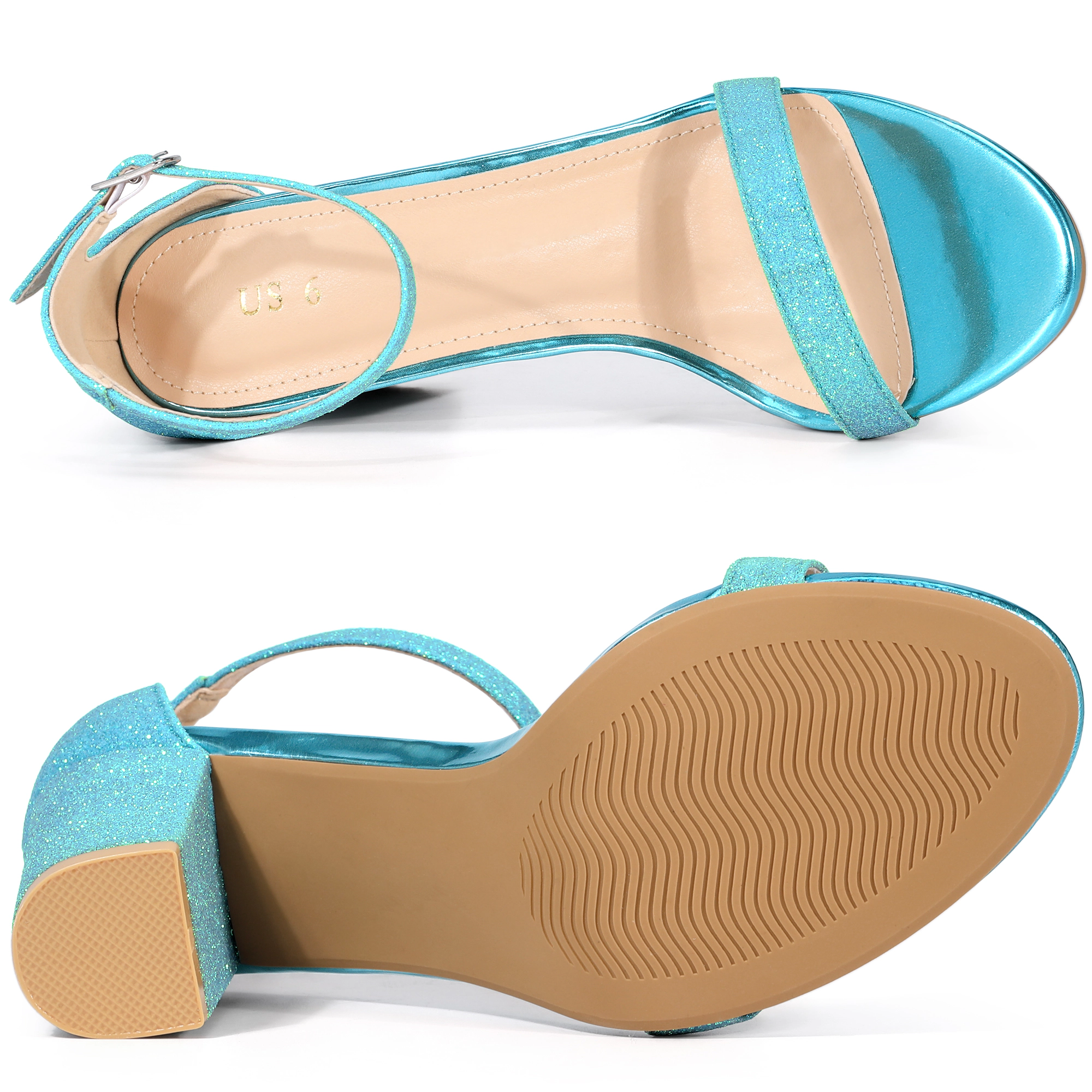 BLISSFUL STEP Women's Glitter Ankle Strap Chunky Heels Sandals