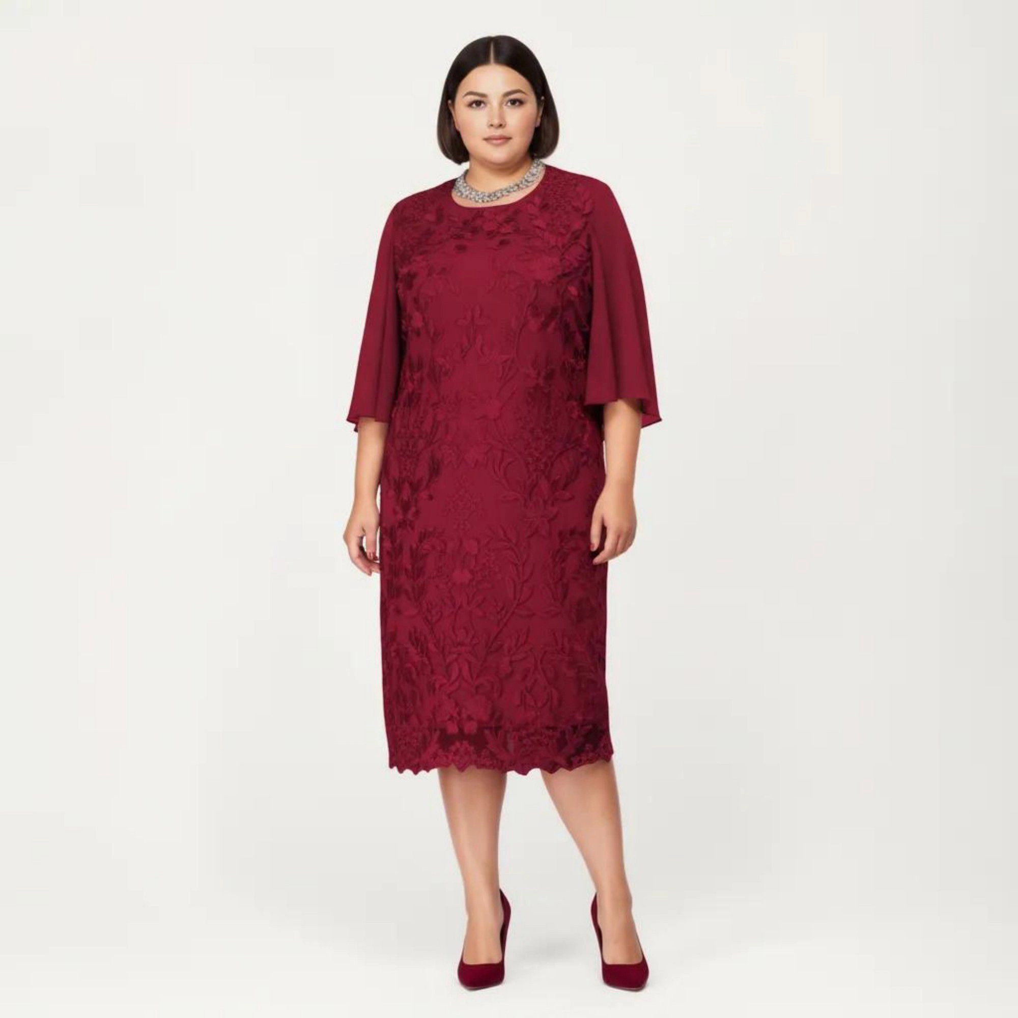 Anna-Kaci Women's Plus Lace Sheer Overlay Short Sleeve Loose Fit Elegant Knee Length Midi Dress