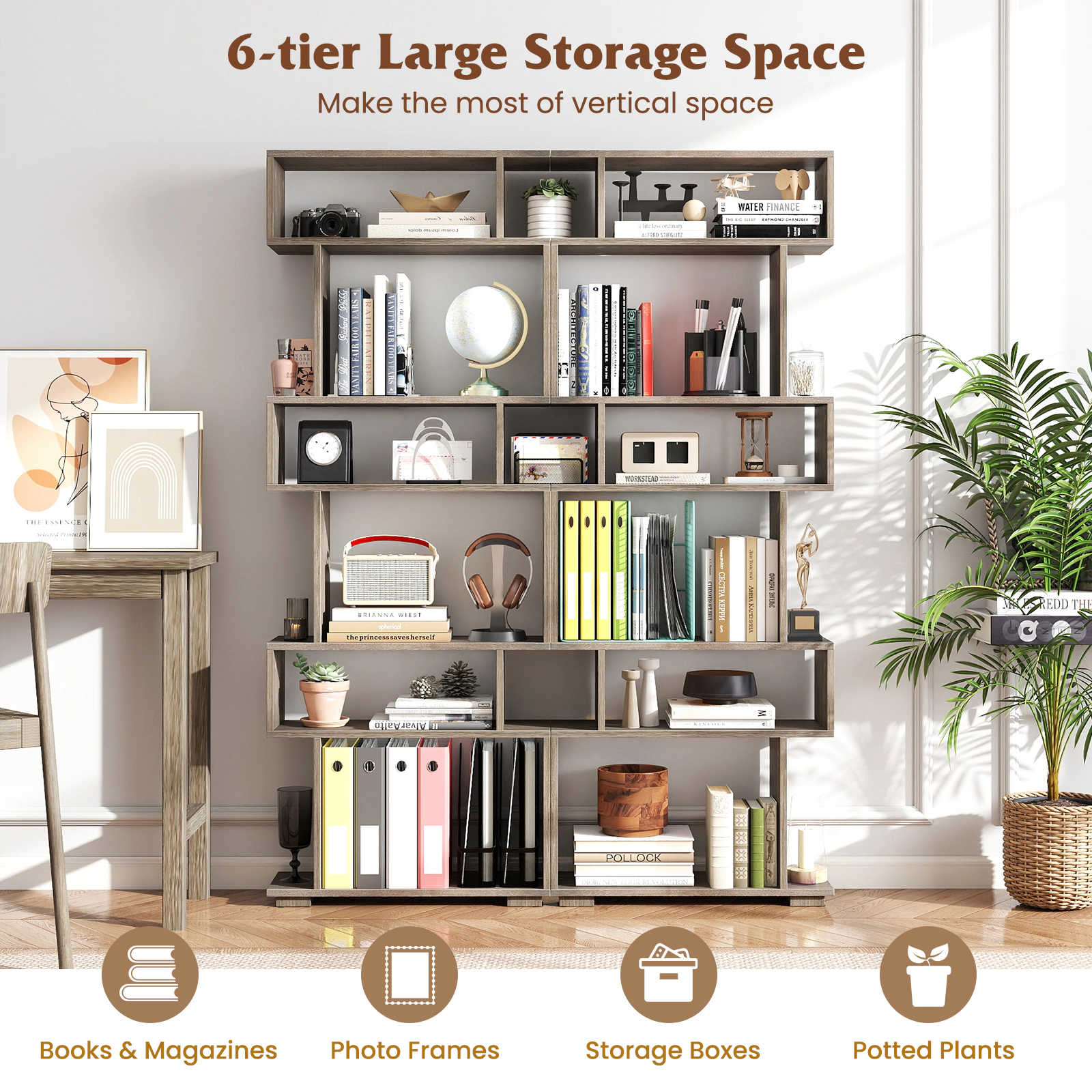 SUGIFT 6-Tier Geometric Bookshelf 64-in Tall with 11-lb Shelf and 22-lb Bottom Capacity with 2 Anti-Tipping Kits Oak