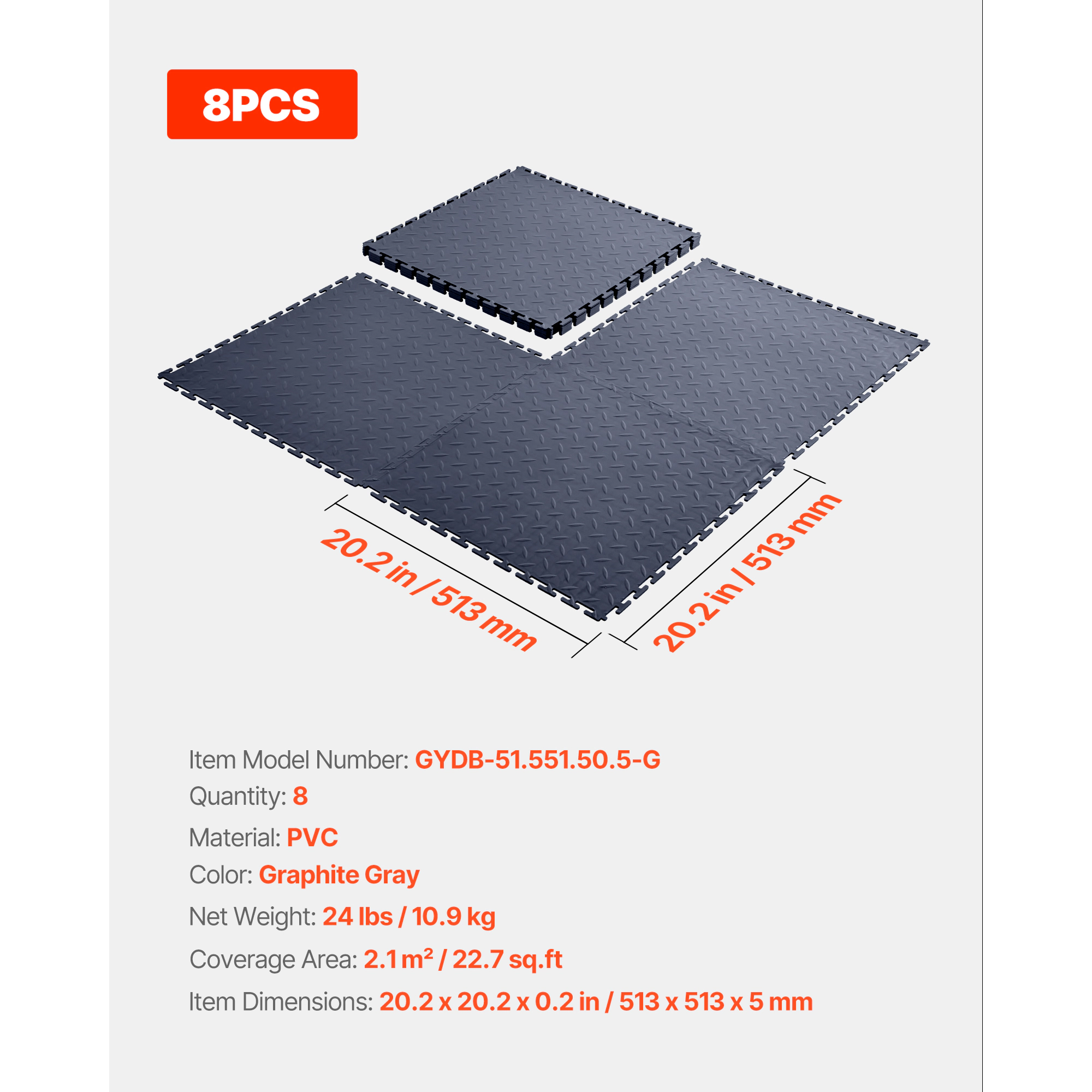 HONGGE 8-Pack Interlocking Garage Floor Tiles, 20.2 x 20.2 In PVC Diamond Plate Non-Slip Mats