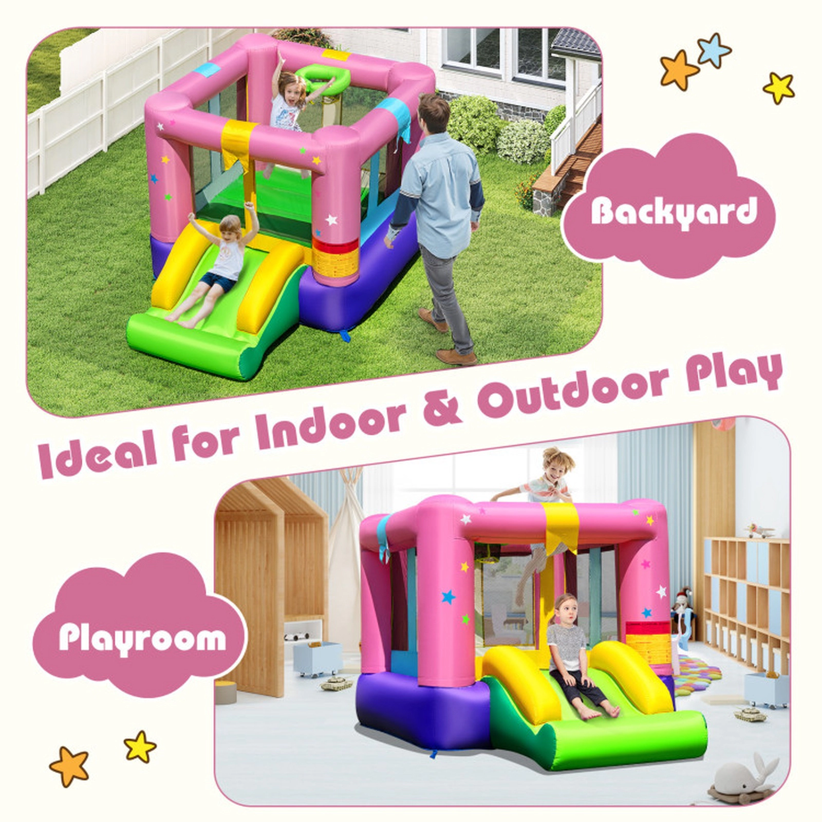 SUGIFT 200-lb Capacity Small Inflatable Bounce House with Slide Basketball Hoop 480W Blower and Carrying Bag