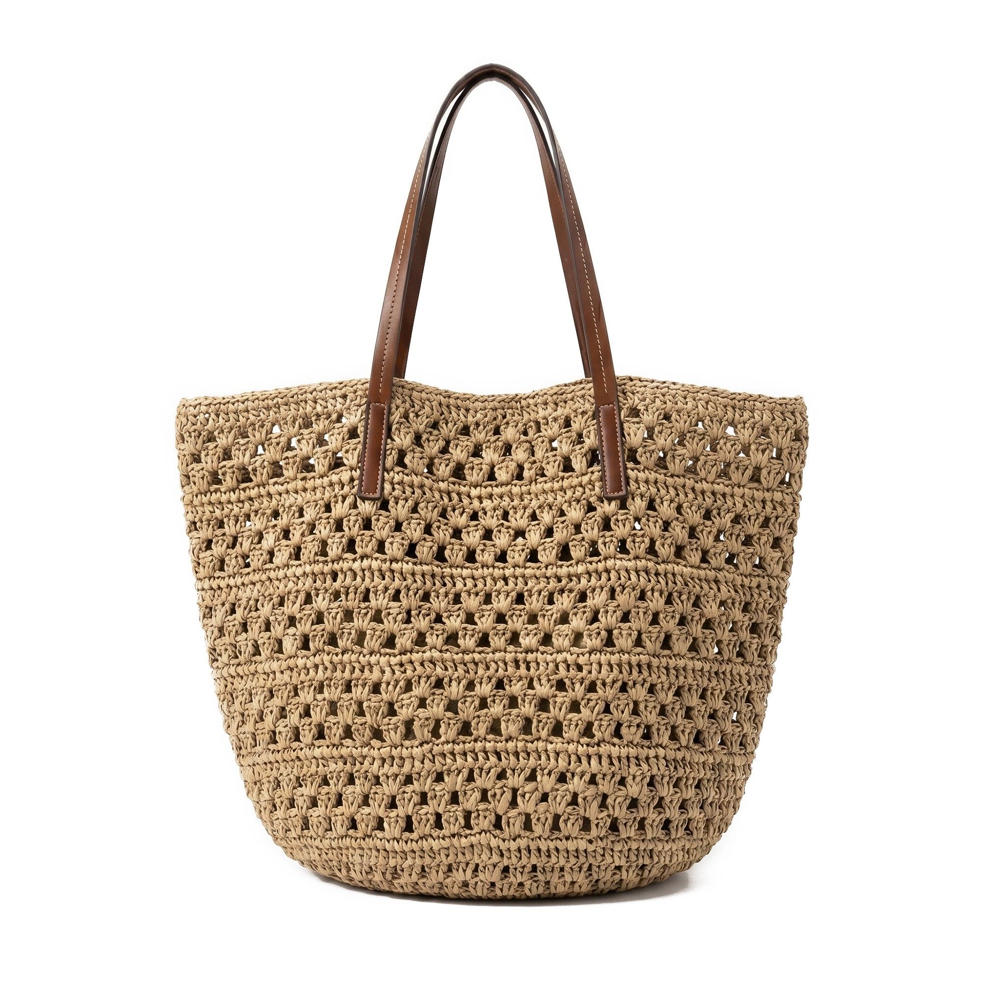 Alilang Women's Woven Crochet Tote Bag with Leather Shoulder Straps Large Capacity Knit Handbag Open Weave Tote