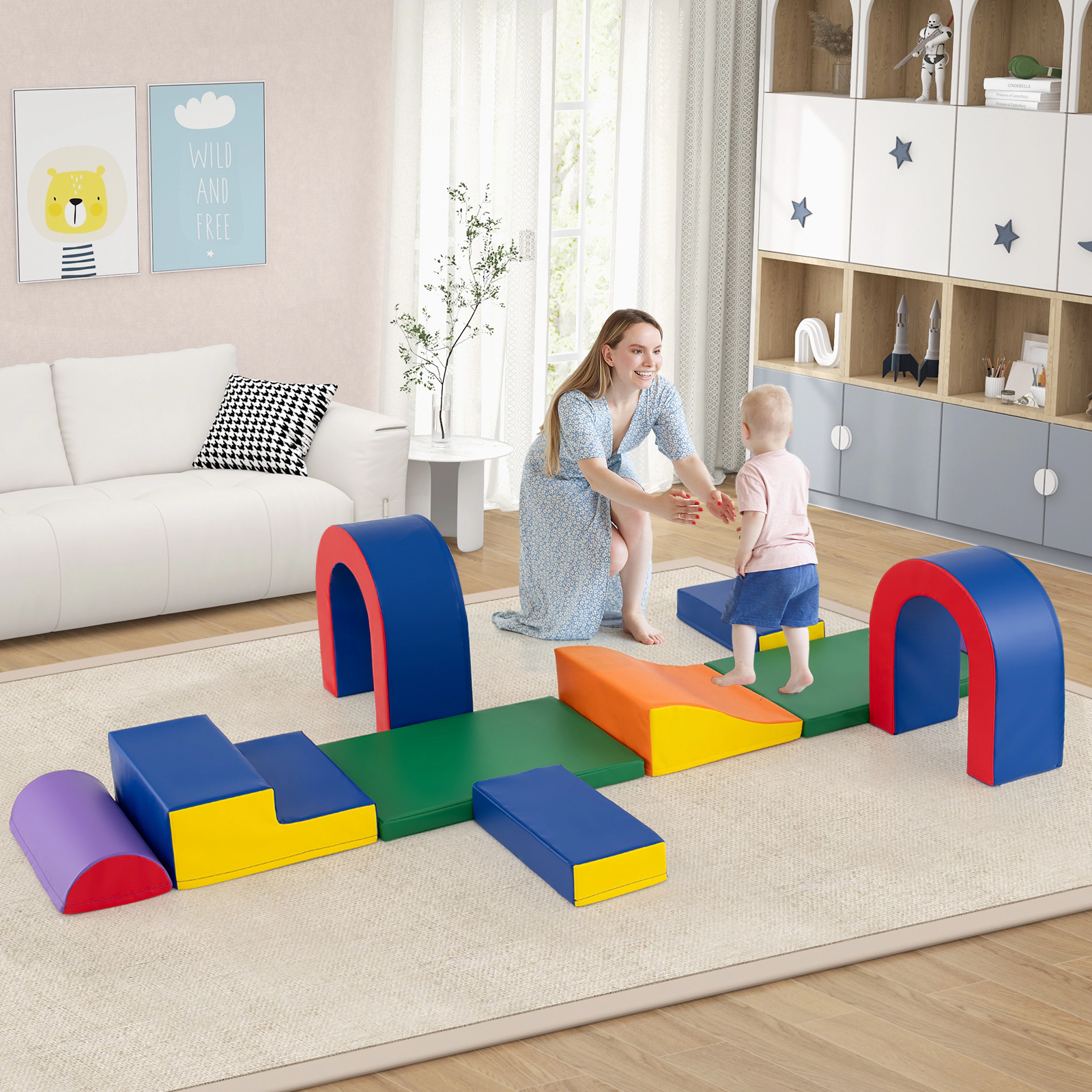 SUGIFT Toddler Multicolor 10-Piece Soft Foam Climber Block Play Set with Slide and Stair 22-in Arch H Ages 1+