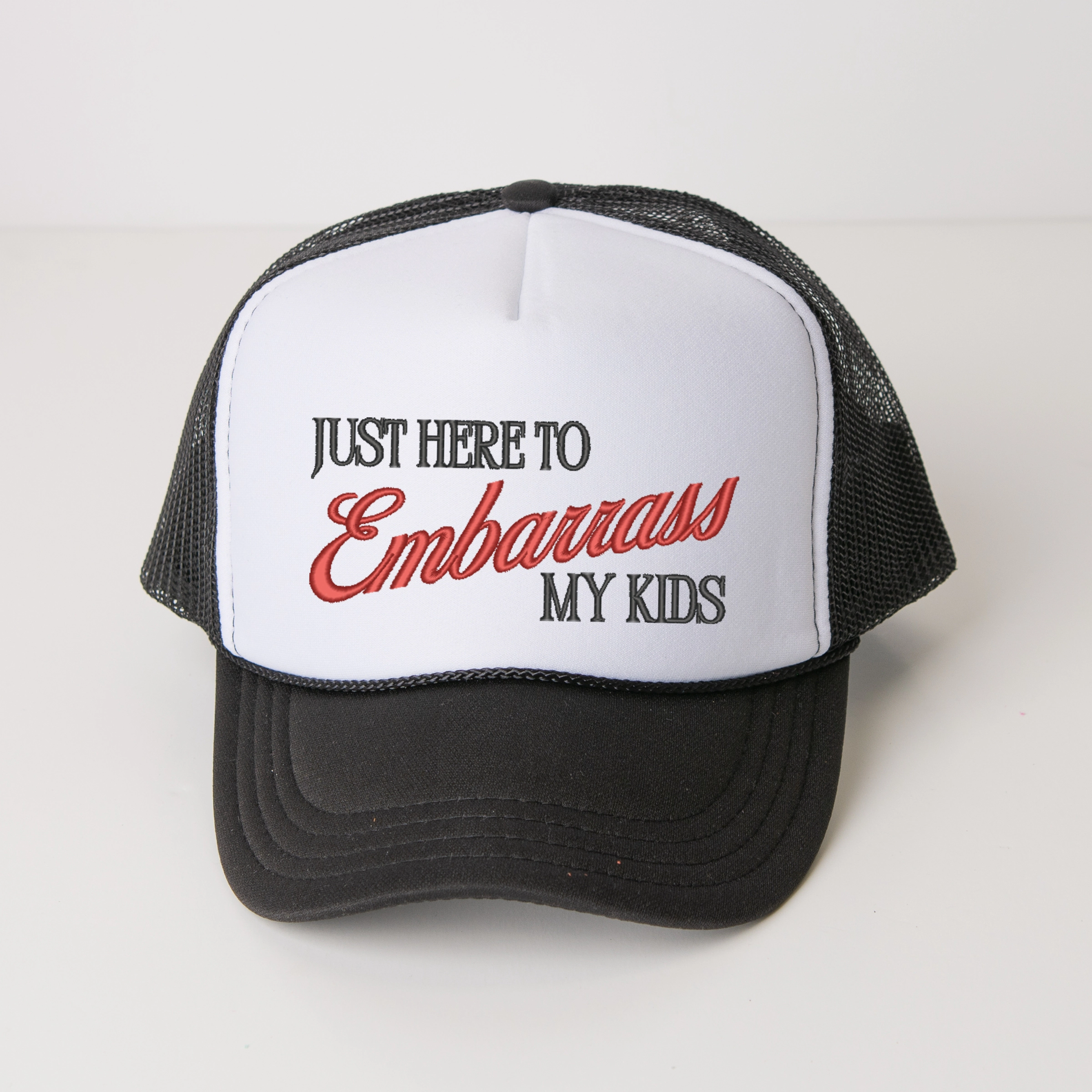 Simply Sage Market - Women's Graphic Foam Trucker Hat - Embroidered Just Here To Embarrass My Kids