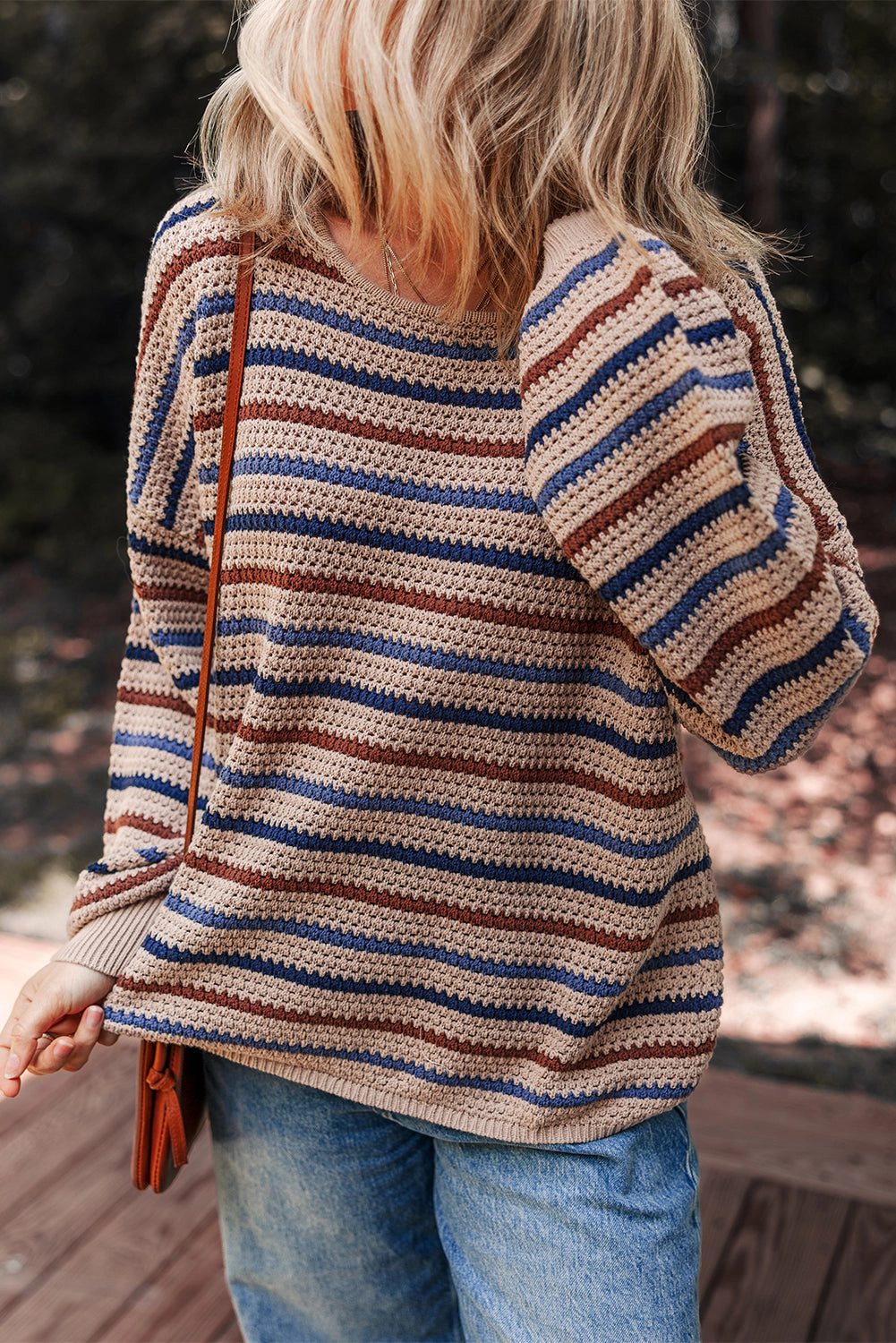 Threaded Pear Women's Emery Striped Knitted Drop Shoulder Round Neck Sweater