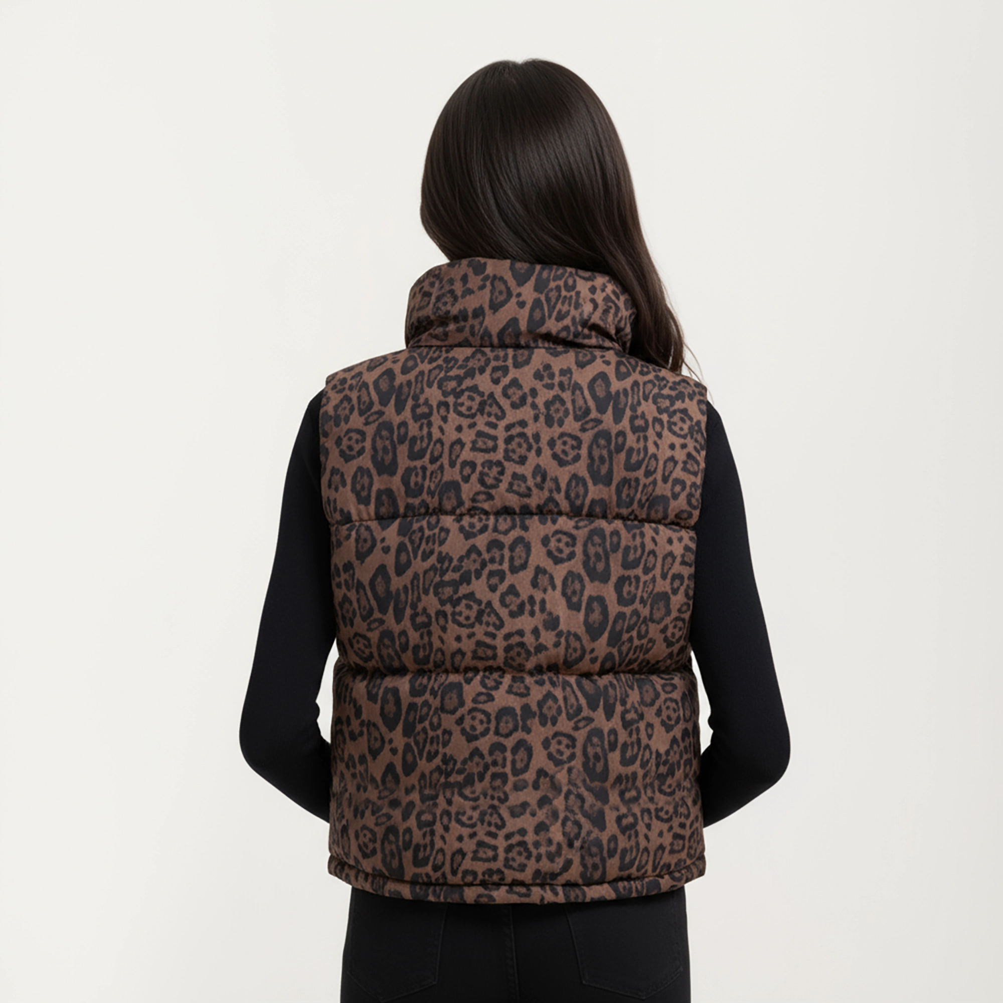 Anna-Kaci Women's Leopard Print Puffer Vest with High Stand Collar and Quilted Soft-Padded Body