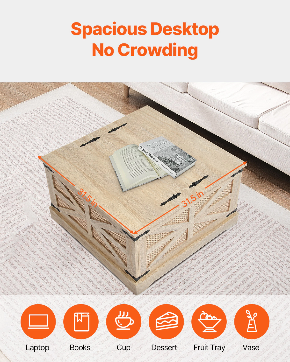 HONGGE Rattan Coffee Table Rectangle PE Rattan Woven Wood Coffee Table with Modern Boho Style Storage Coffee Table with