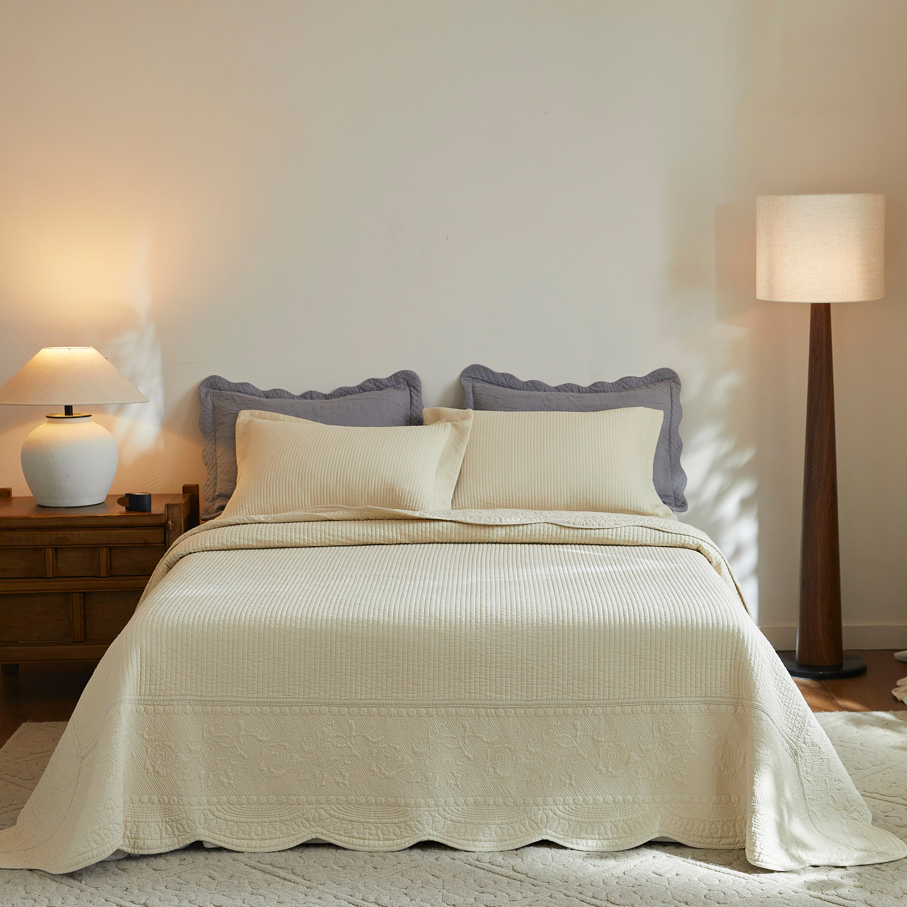 MarCielo 3 Piece 100% Cotton Oversize Quilt Bedspread Set, Embroidery Farmhouse Bedding Set