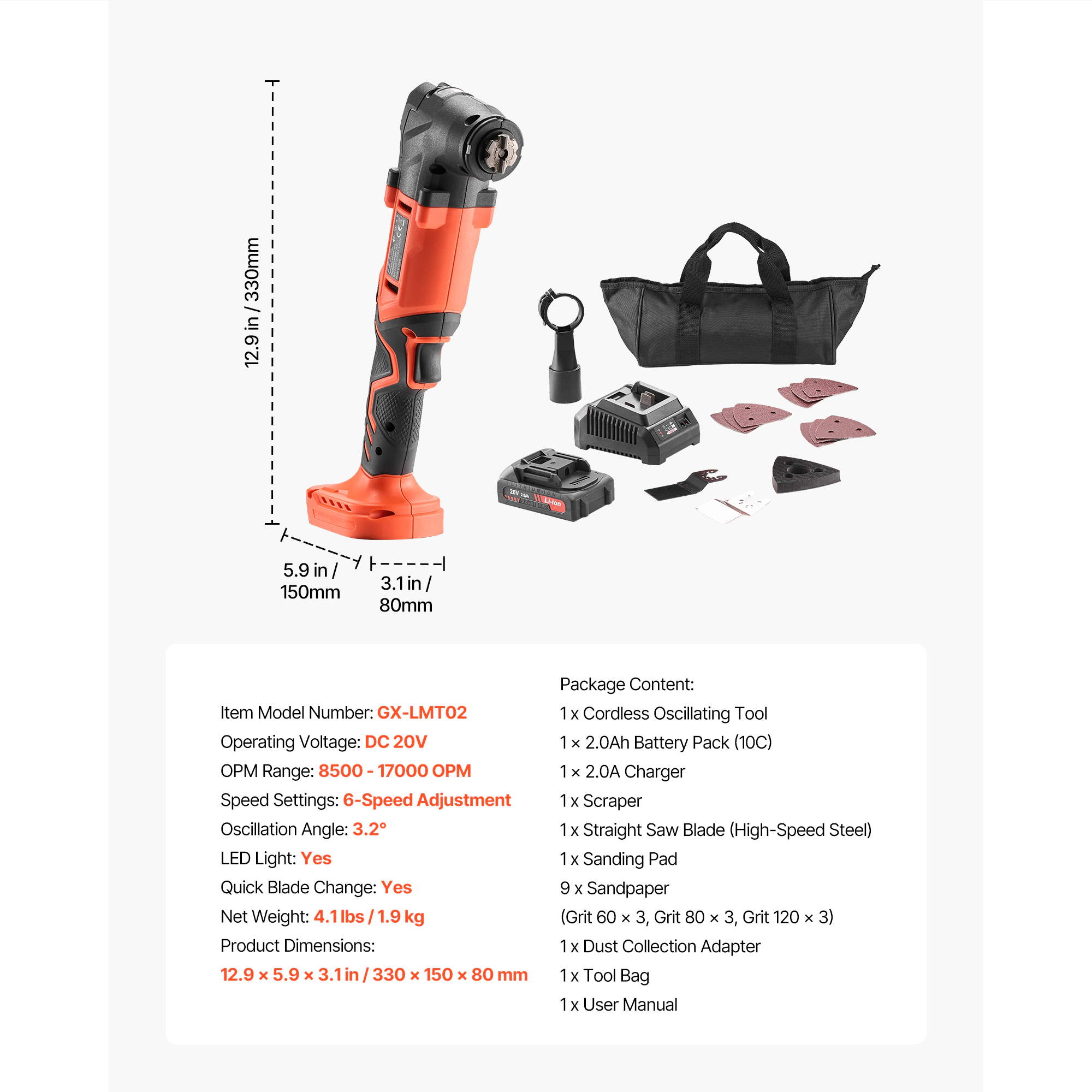 HONGGE Cordless Oscillating Tool, Oscillating Tool with 6 Variable Speeds OPM, 3.2° Angle