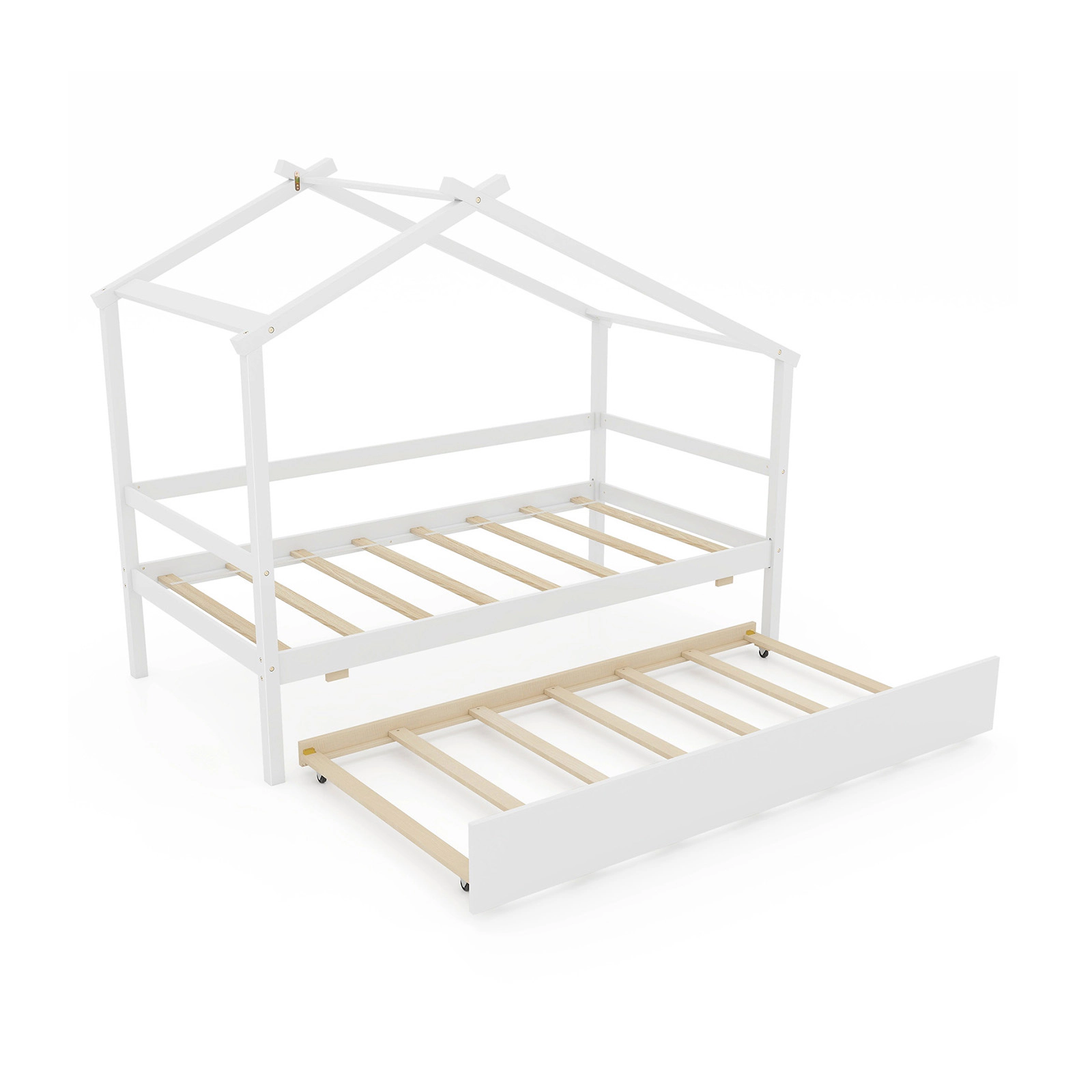 SUGIFT Kids Twin House Bed White with Trundle Roof Frame and Guardrails