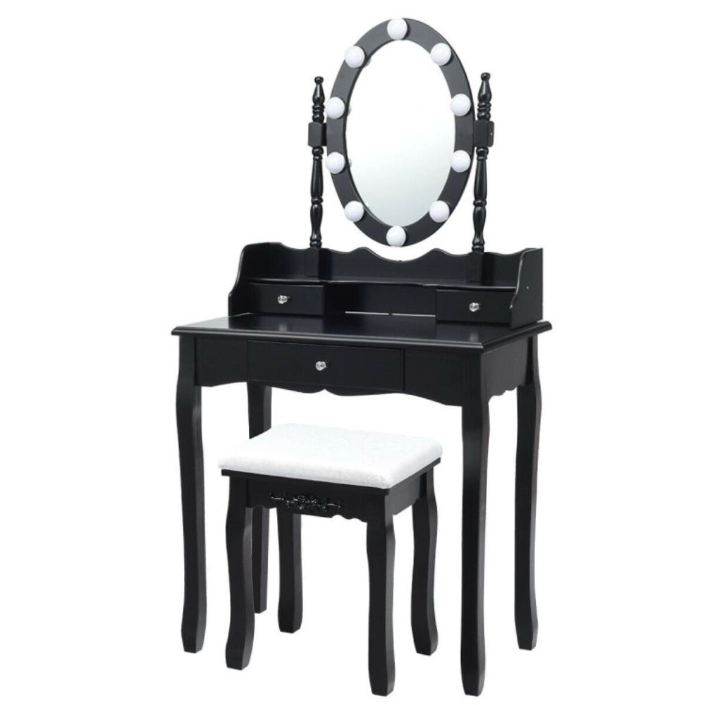 Hivvago Oval Mirror Vanity Set With 10 Led Dimmable Bulbs And 3 Drawers
