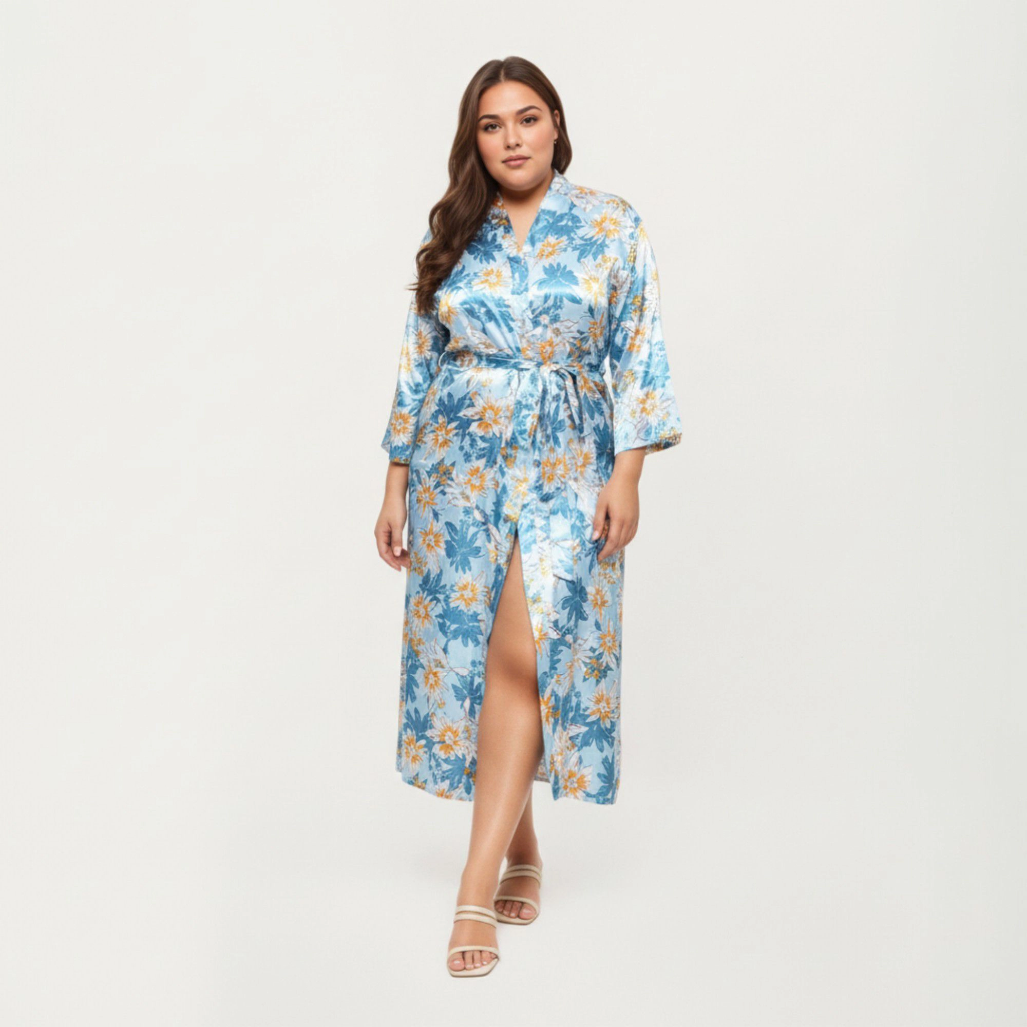 Anna-Kaci Women's Floral Print Satin Robe with Waist Tie Soft Silky Fabric Wide Sleeves and Flowing Longline Silhouette